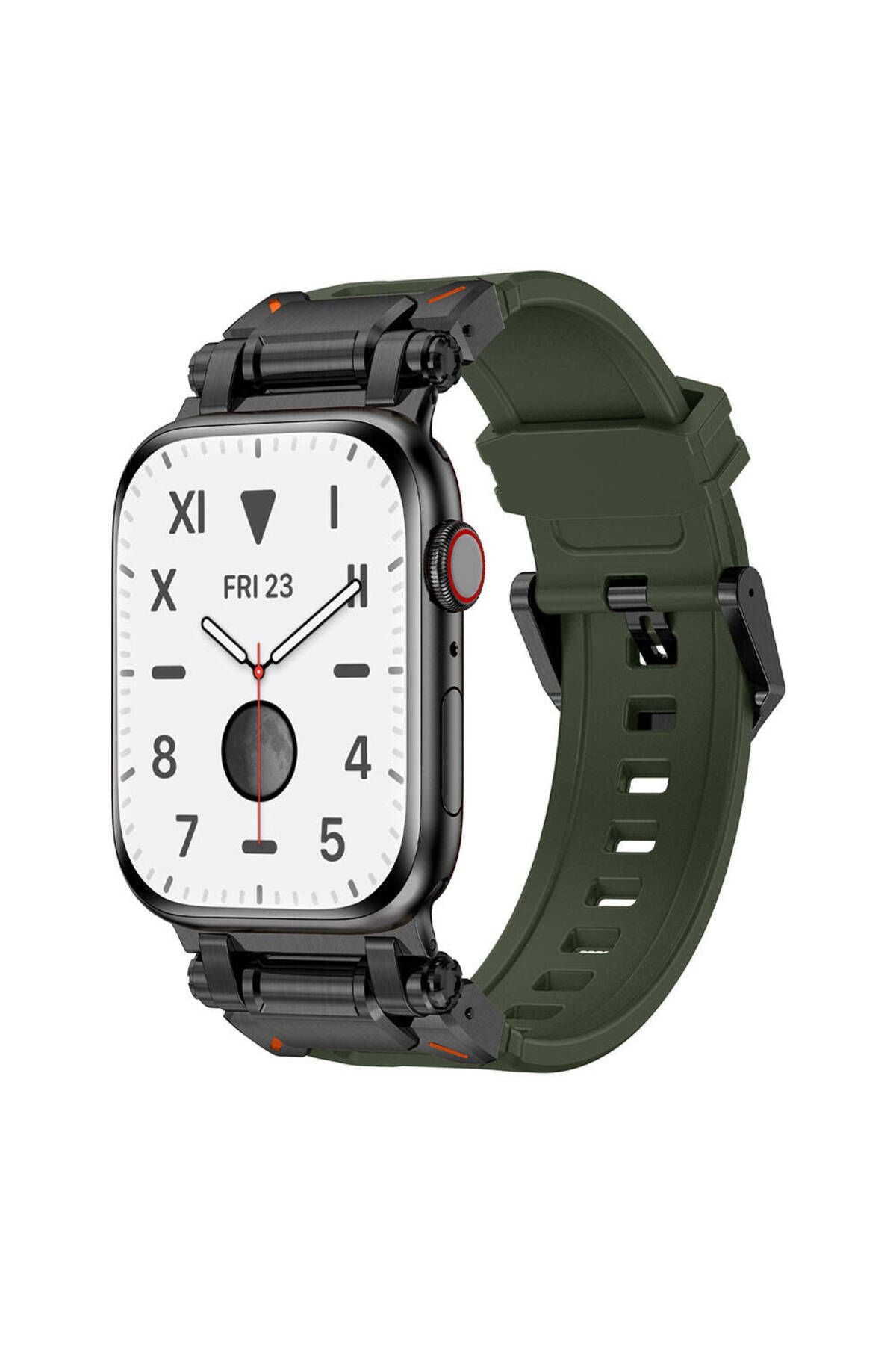Watch 44mm CLO- KRD-101 Titanyum Metal Başlıklı Silikon Kordon-Siyah-Yeşil