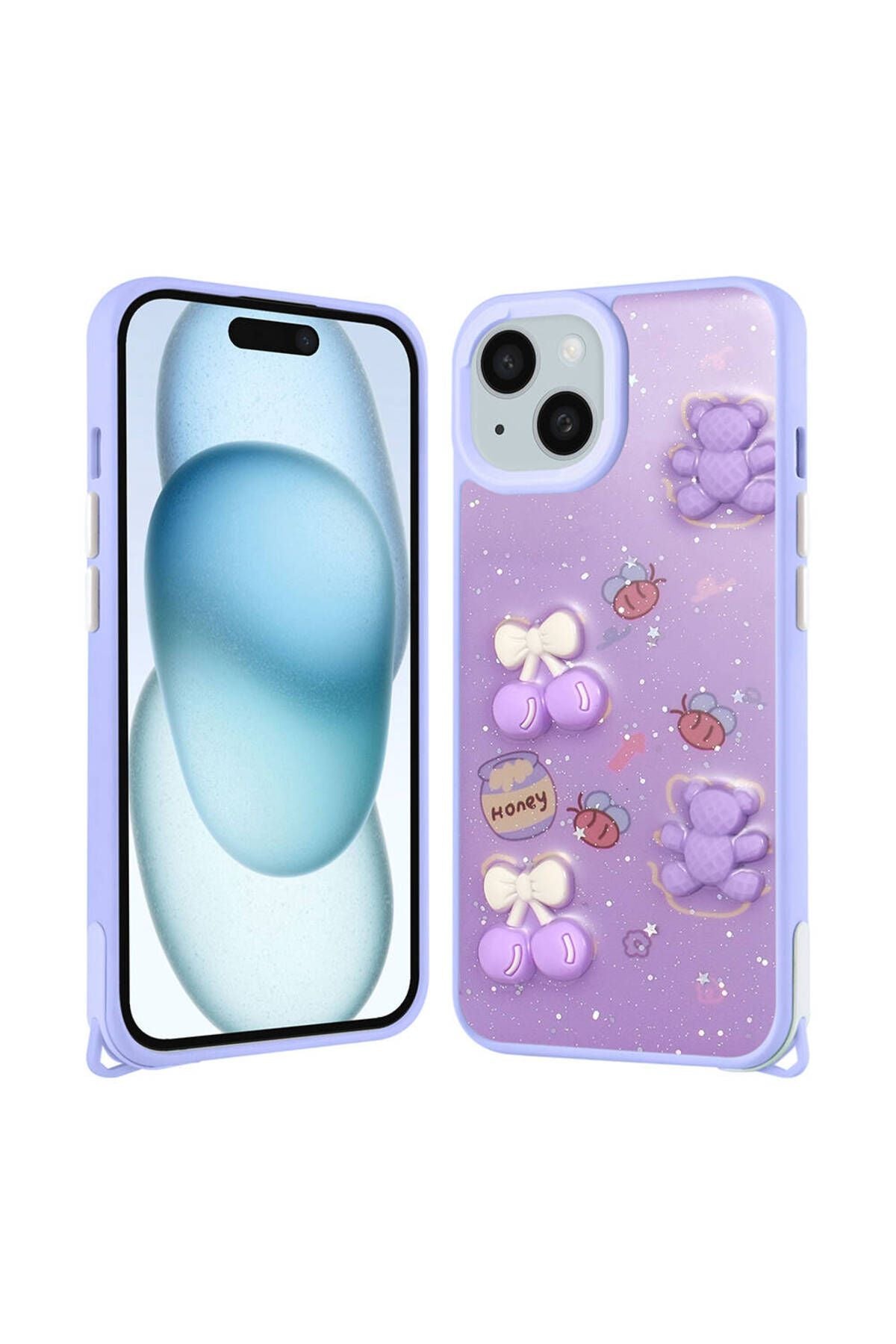 iPhone 15 Kılıf Parlayan Sıvılı Simli Kabartma Figürlü Zore Cevze Kapak-Mor Ayı