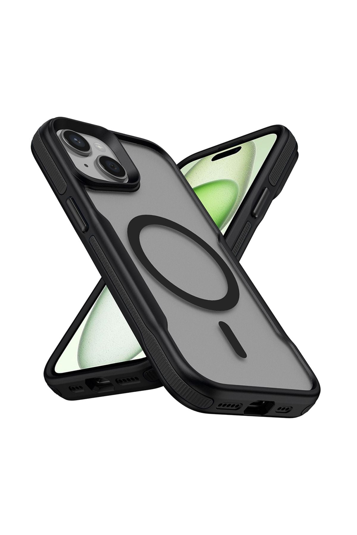 iPhone 15 Plus Uyumlu Magsafe Şarj Özellikli Renkli Kenar Airbag Şeritli Zore Lamer Kapak-Siyah