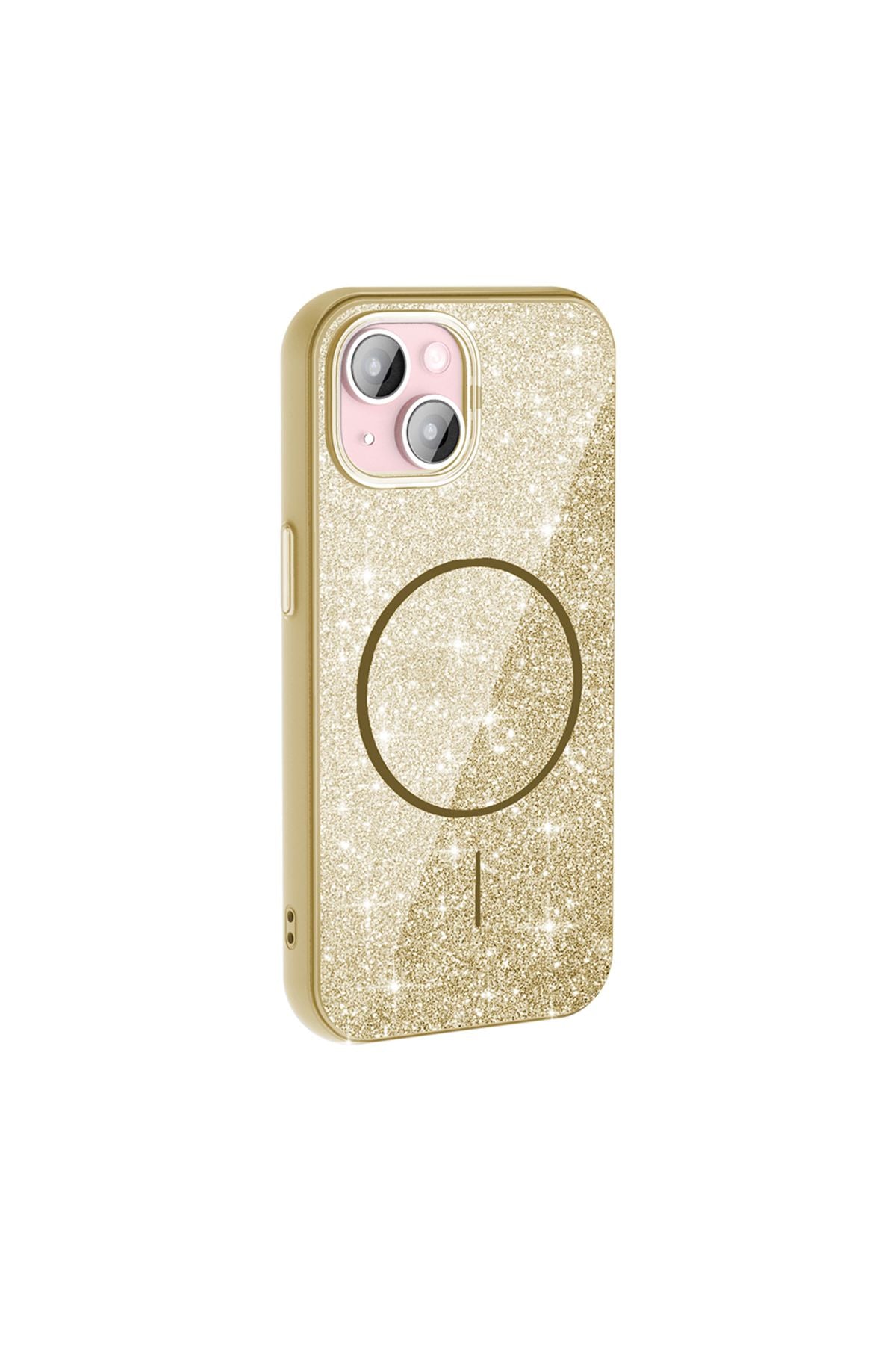 iPhone 15 Kılıf Magsafe Şarj Özellikli Parlayan Simli Zore Okso Kapak - Gold