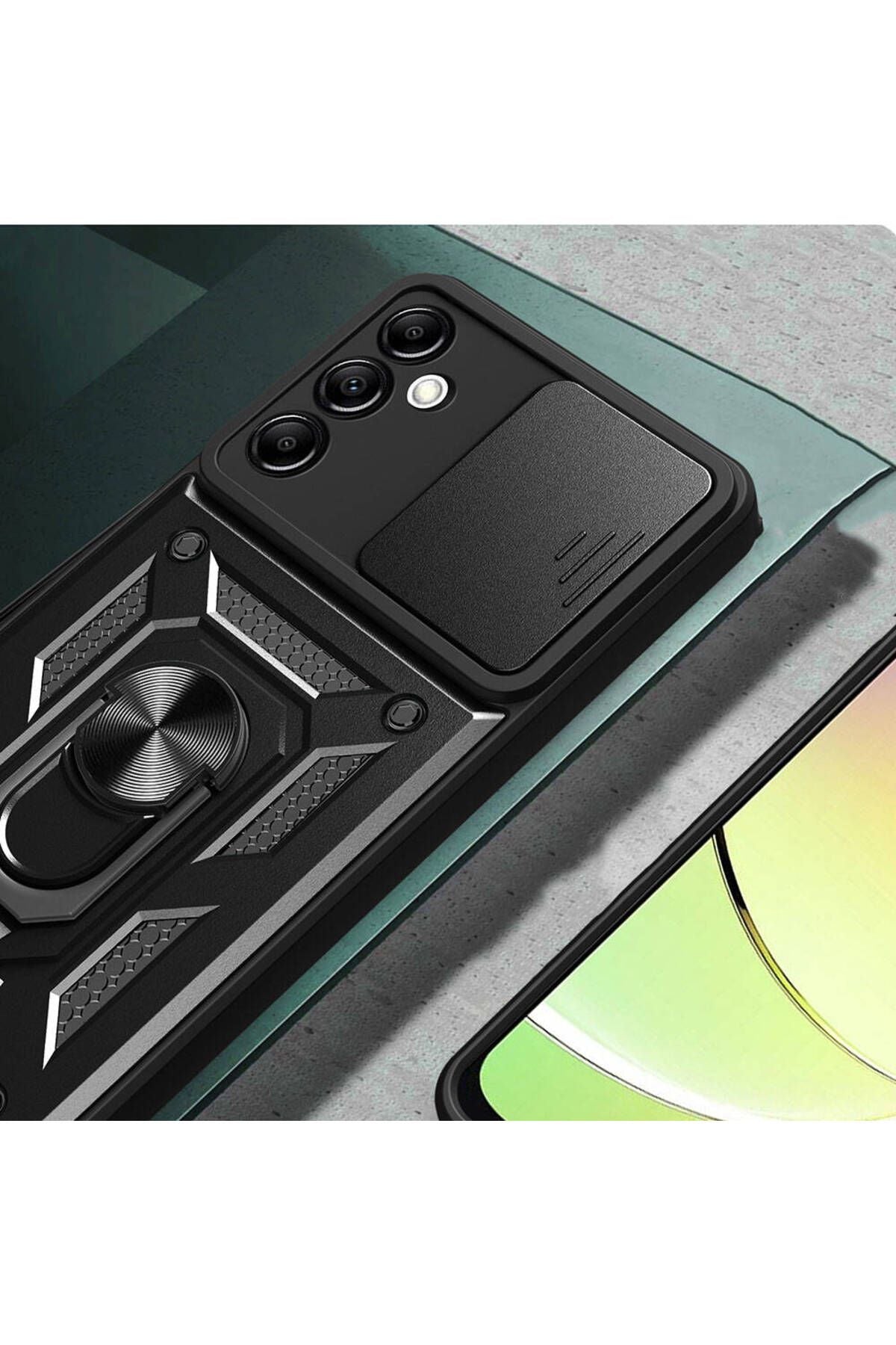 Galaxy A14 Kılıf Magnetik Standlı Kamera Korumalı Zore Sürgülü Vega Kapak - Siyah