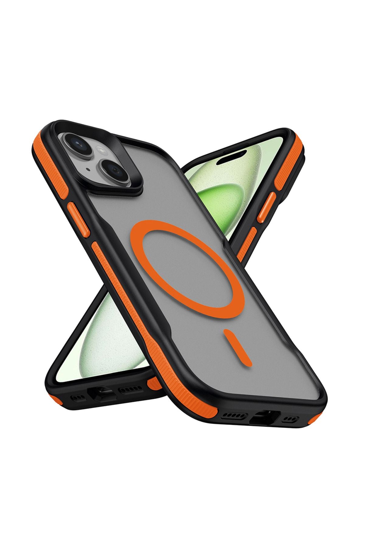 iPhone 15 Plus Uyumlu Magsafe Şarj Özellikli Renkli Kenar Airbag Şeritli Zore Lamer Kapak-Turuncu