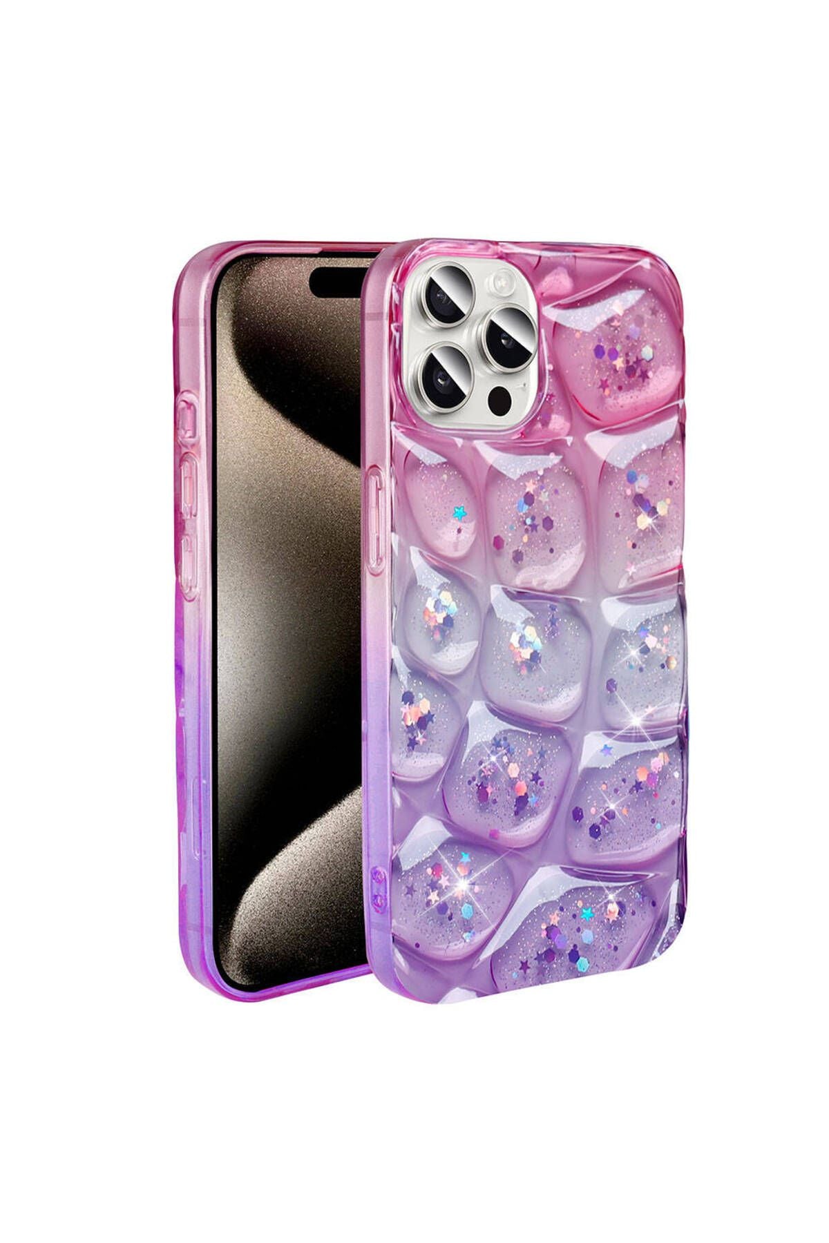 iPhone 15 Pro Kılıf Simli 3D Desenli Zore Hacar Kapak - Mor-Mavi