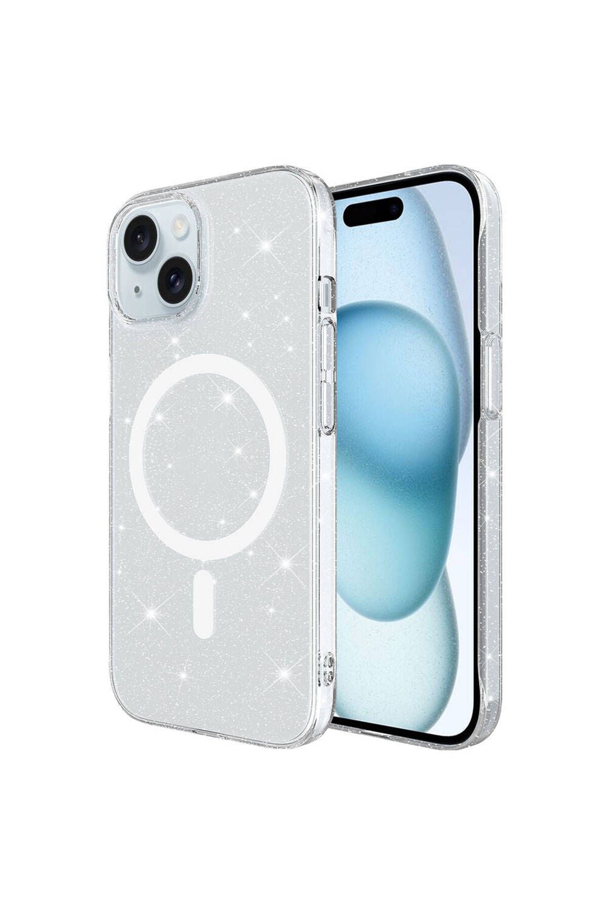 iPhone 15 Plus Kılıf Zore Magsafe Şarj Özellikli Simli Şeffaf Arka Yüzey Erdos Silikon Kapak - Renks