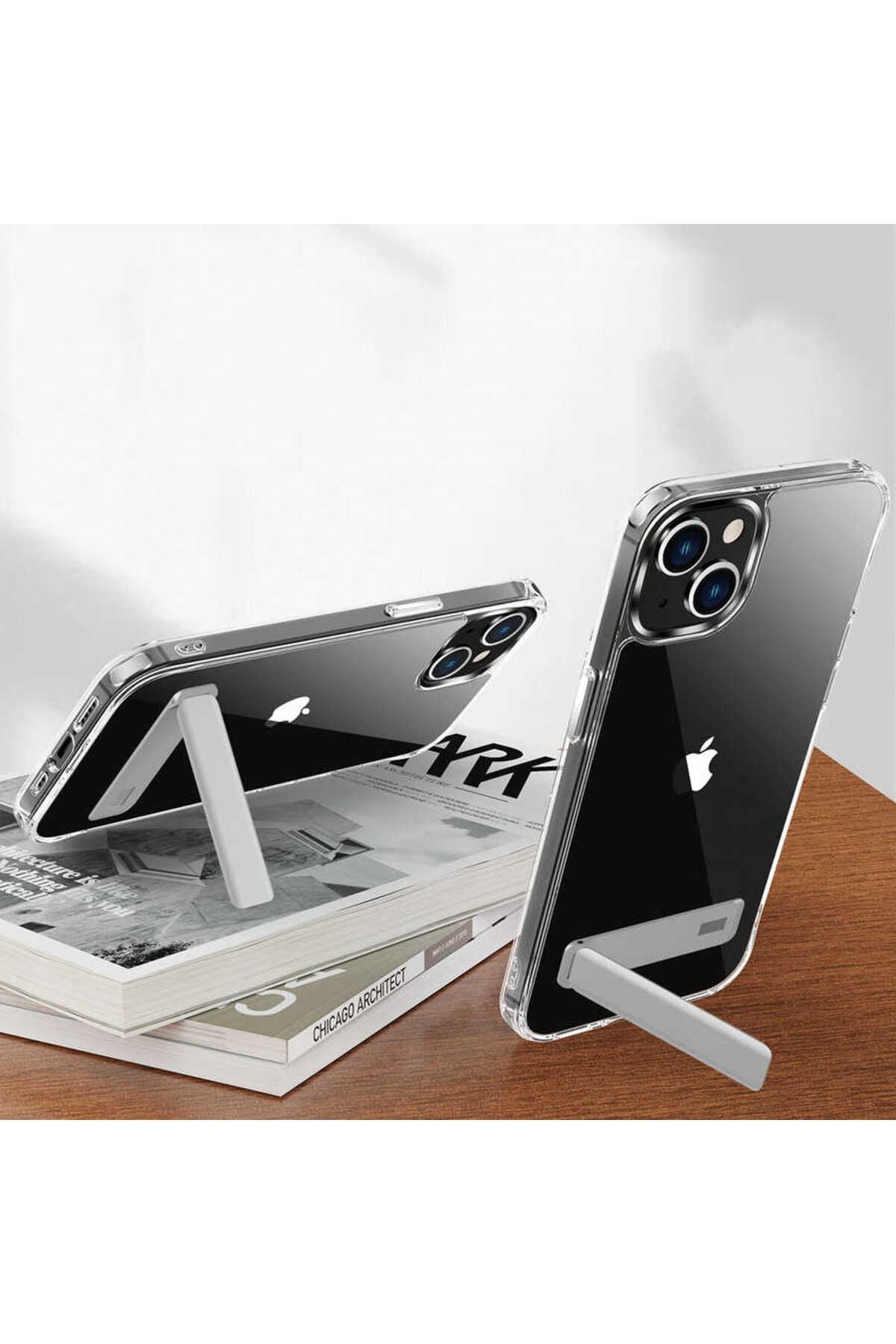 iPhone 14 Uyumlu Standlı Şeffaf Silikon Zore L-Stand Kılıf-Renksiz
