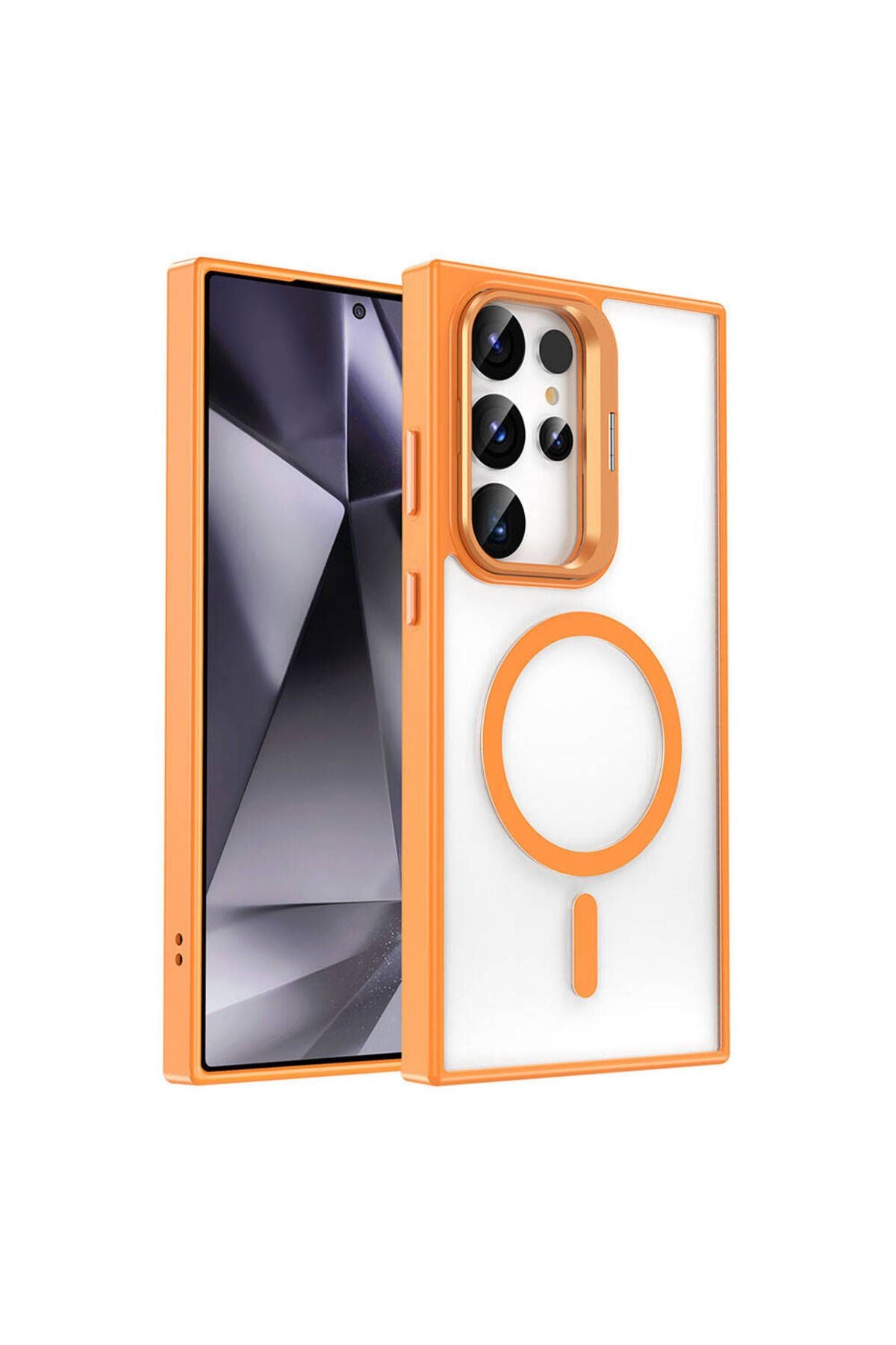 Galaxy S23 Ultra Kılıf Magsafe Şarj Özellikli Standlı Zore Magsafe Klon Kapak - Turuncu