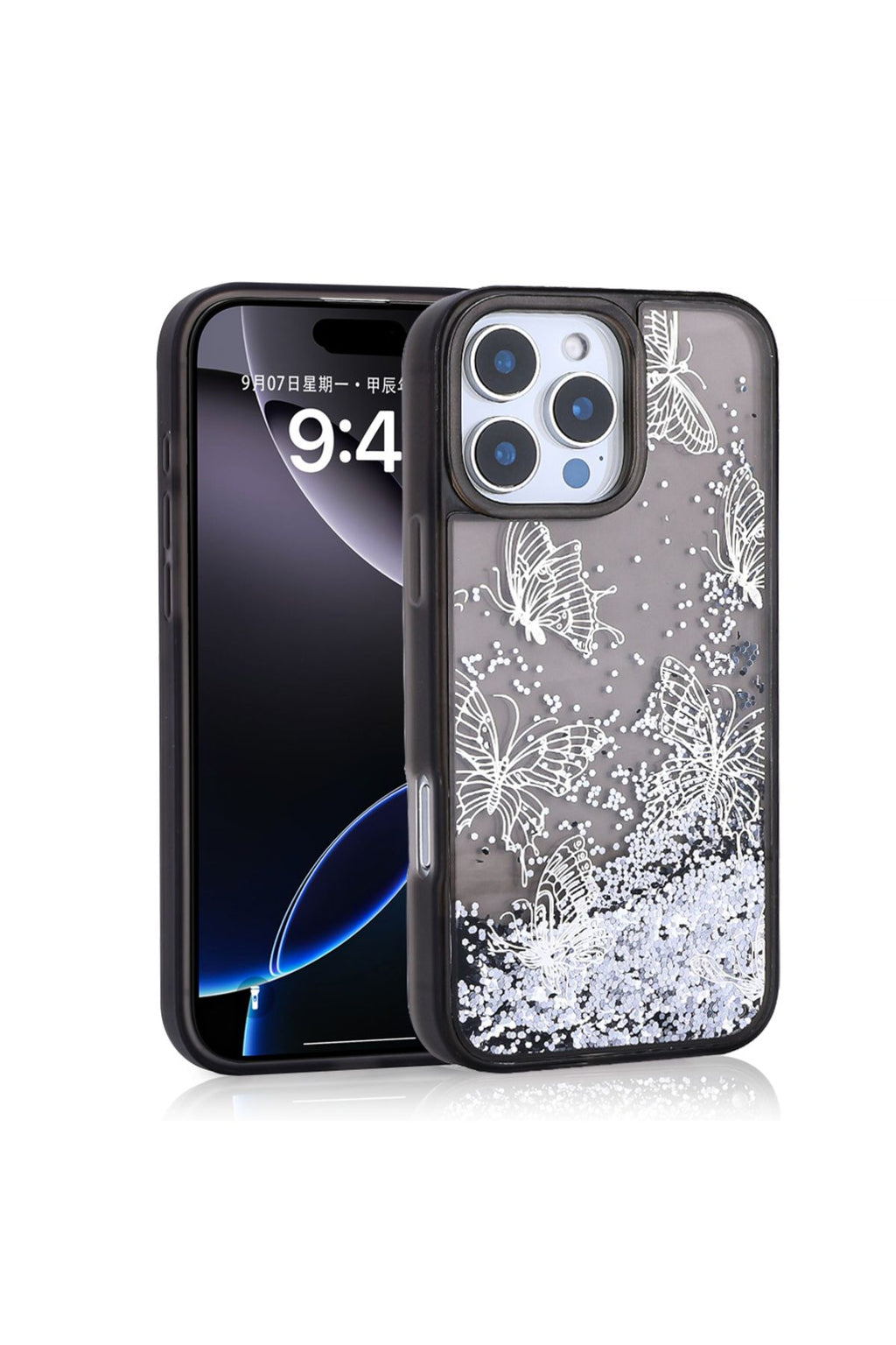 iPhone 15 Pro Max Kılıf Sıvılı Simli Kelebek Baskılı Şeffaf Arka Yüzey Zore Glis Silikon Kapak - Pem