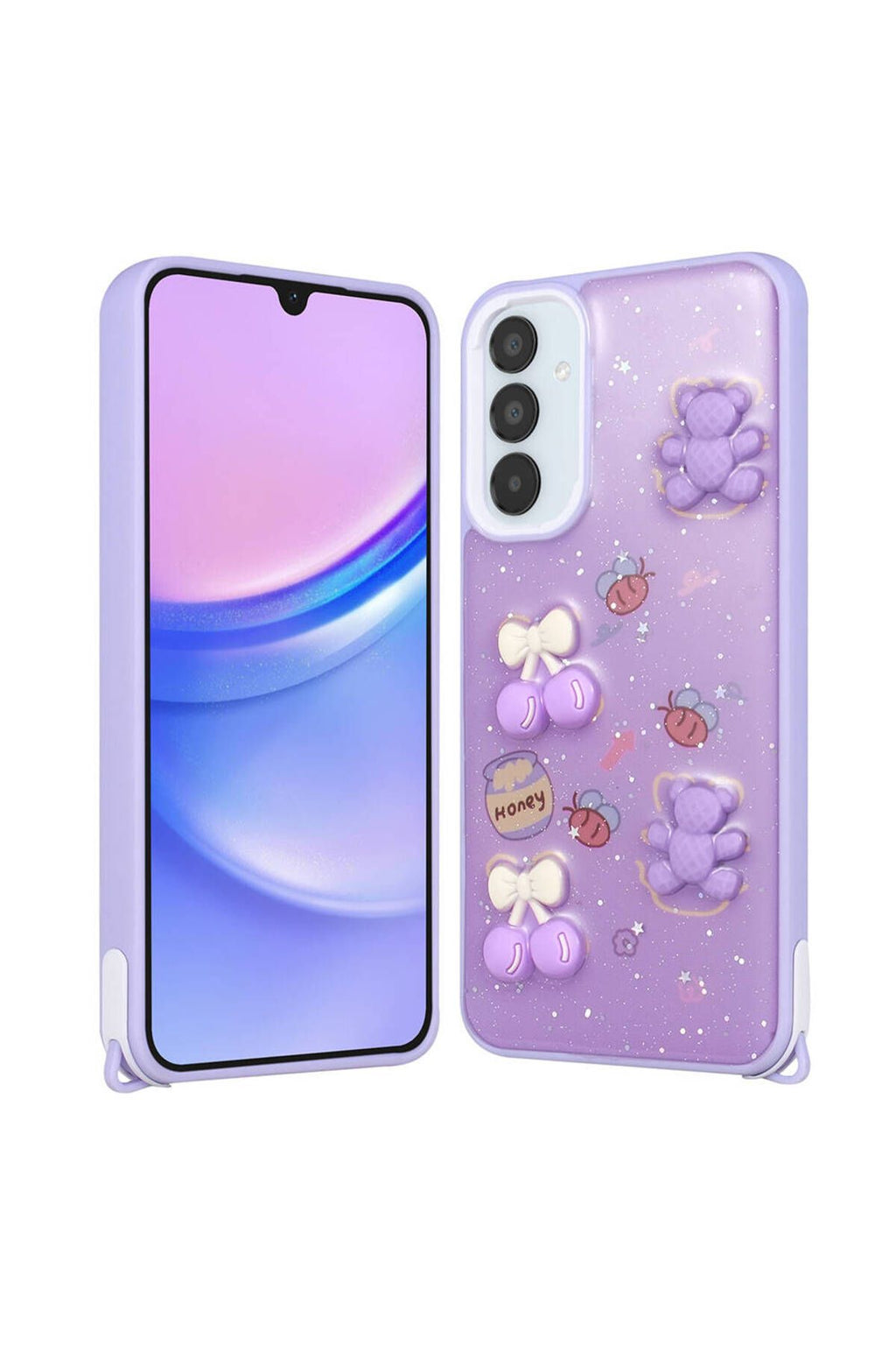 Galaxy A34 Kılıf Parlayan Simli Kabartma Figürlü Zore Cevze Kapak - Mor Papatya