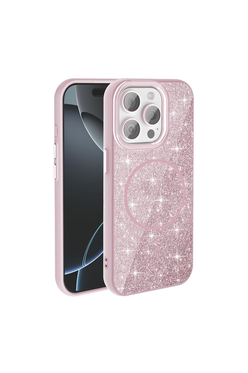 iPhone 15 Pro Kılıf Magsafe Şarj Özellikli Parlayan Simli Zore Okso Kapak - Pembe