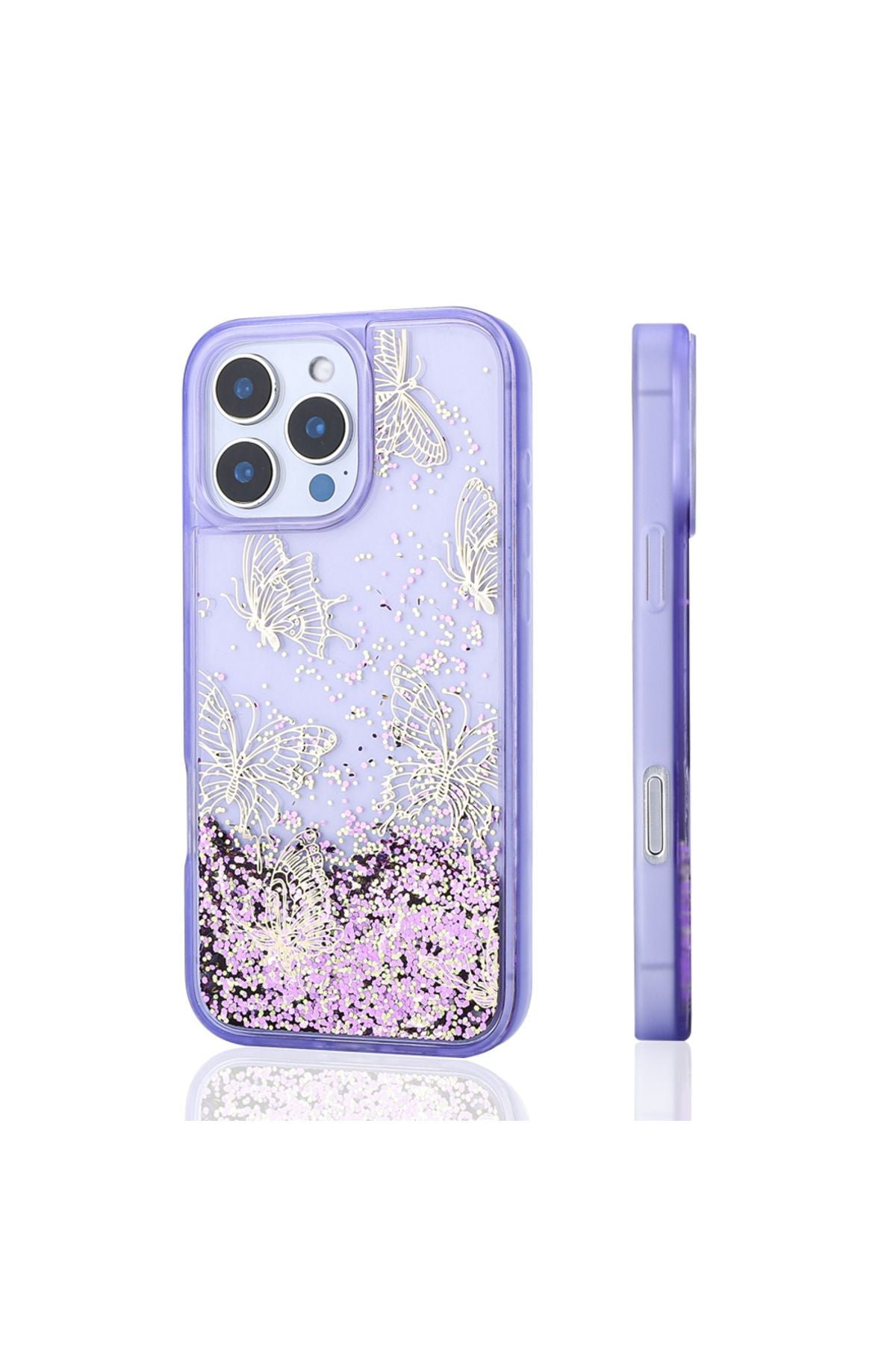 Apple iPhone 16 Pro Kılıf Sıvılı Simli Kelebek Baskılı Şeffaf Arka Yüzey Glis Silikon Kapak