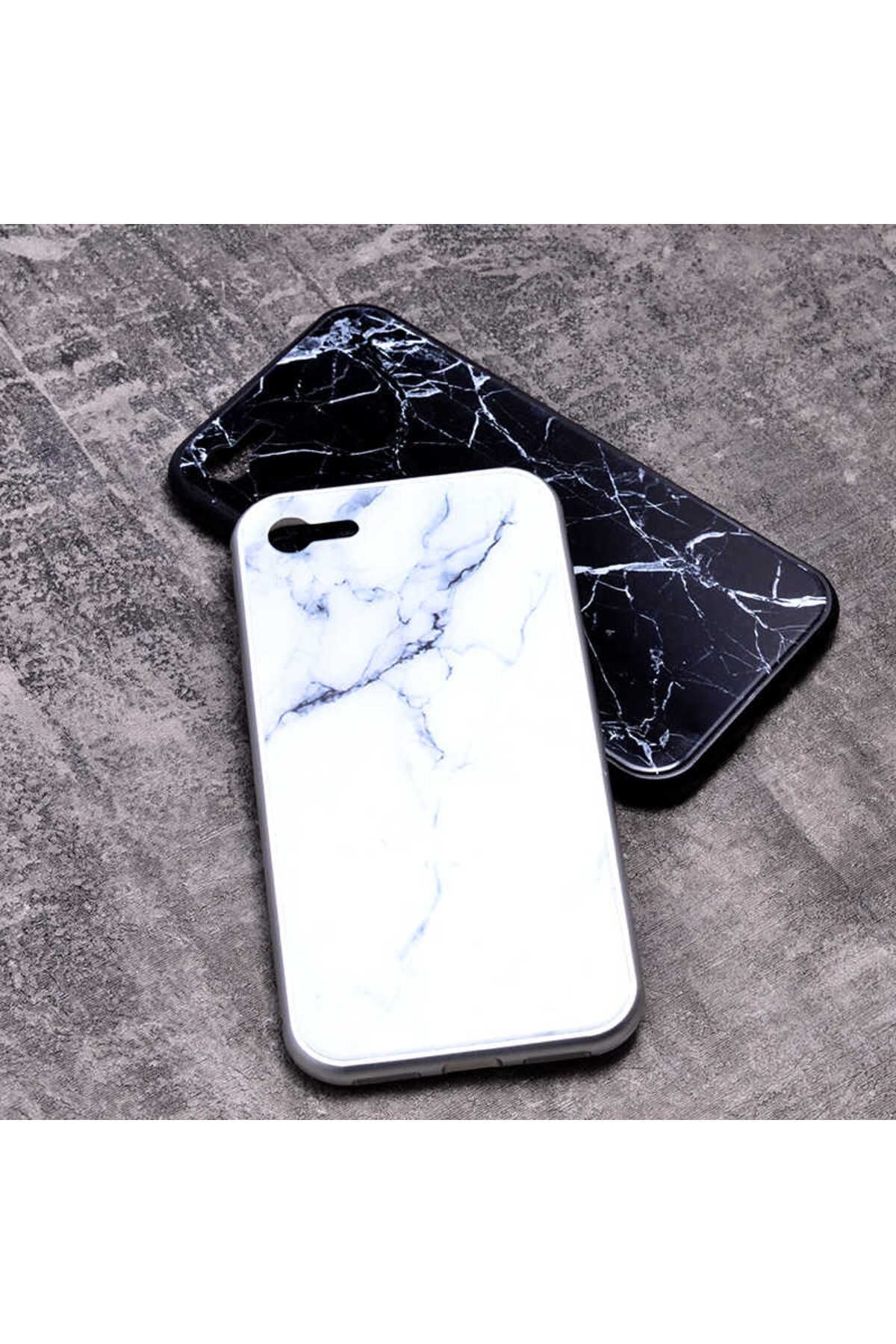 iPhone SE 2022 Uyumlu Zore Mermerli Devrim Cam Kılıf-Siyah