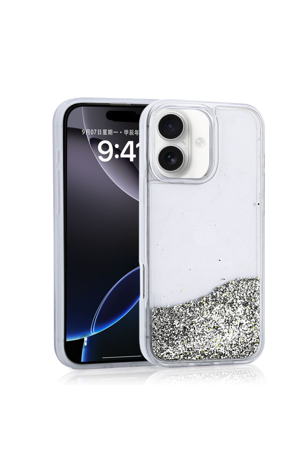 iPhone 16 Kılıf Sıvılı Simli Şeffaf Arka Yüzey Zore Keto Silikon Kapak - Pembe