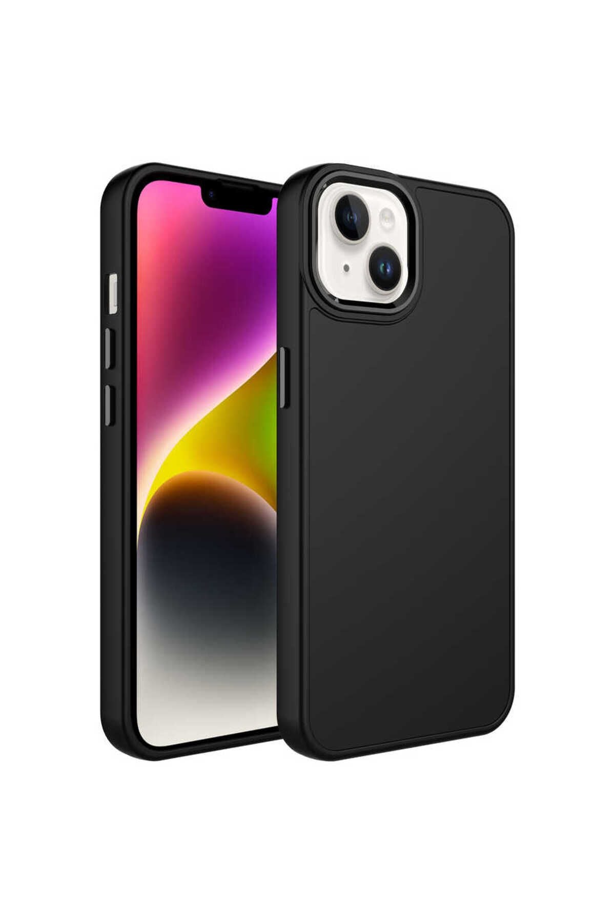 iPhone 14 Uyumlu Metal Çerçeve ve Buton Tasarımlı Silikon BRT Luna Kılıf-Siyah