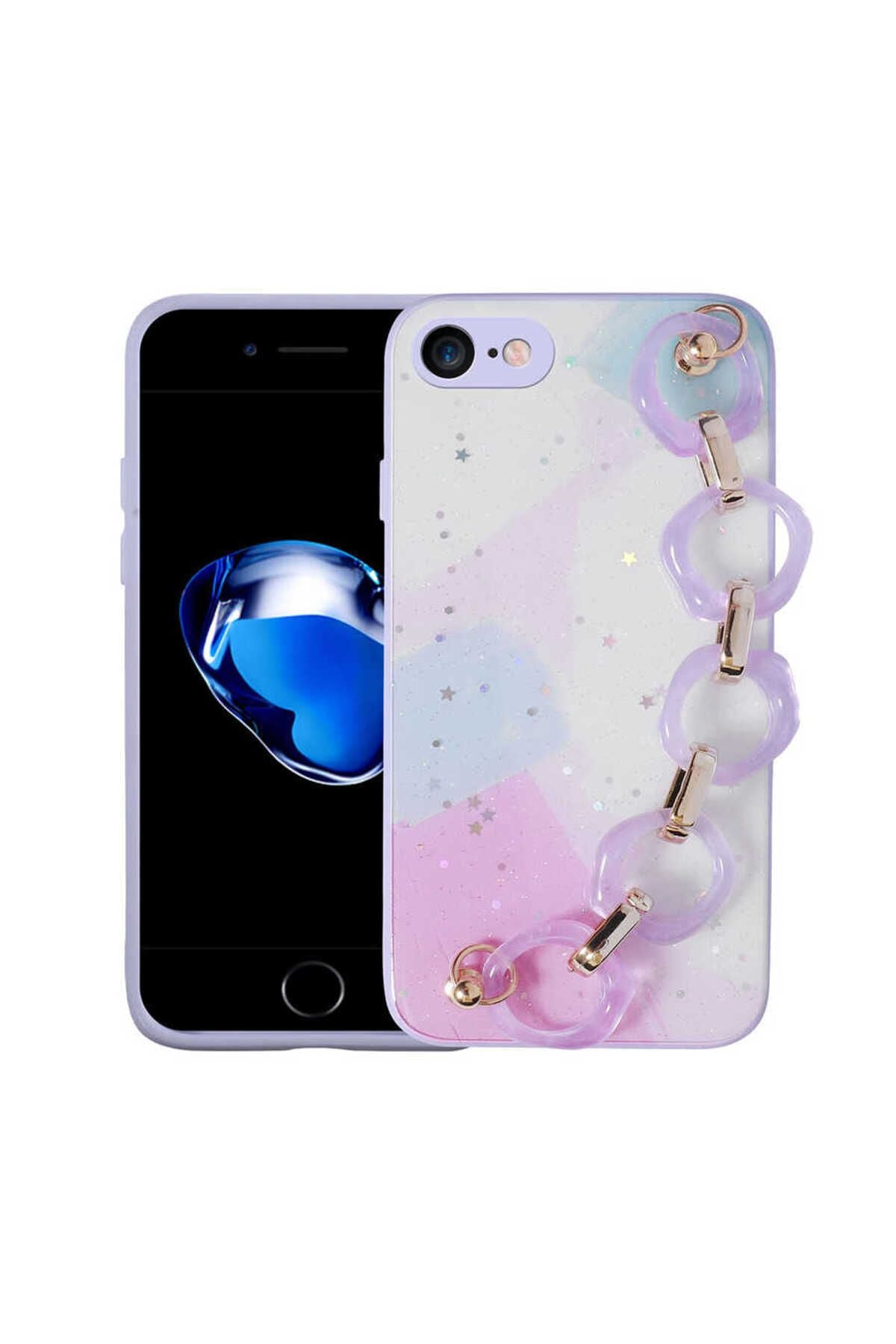 iPhone 8 Kılıf Simli Desenli El Askılı Tutacaklı Zore Elsa Silikon Kapak - Lila