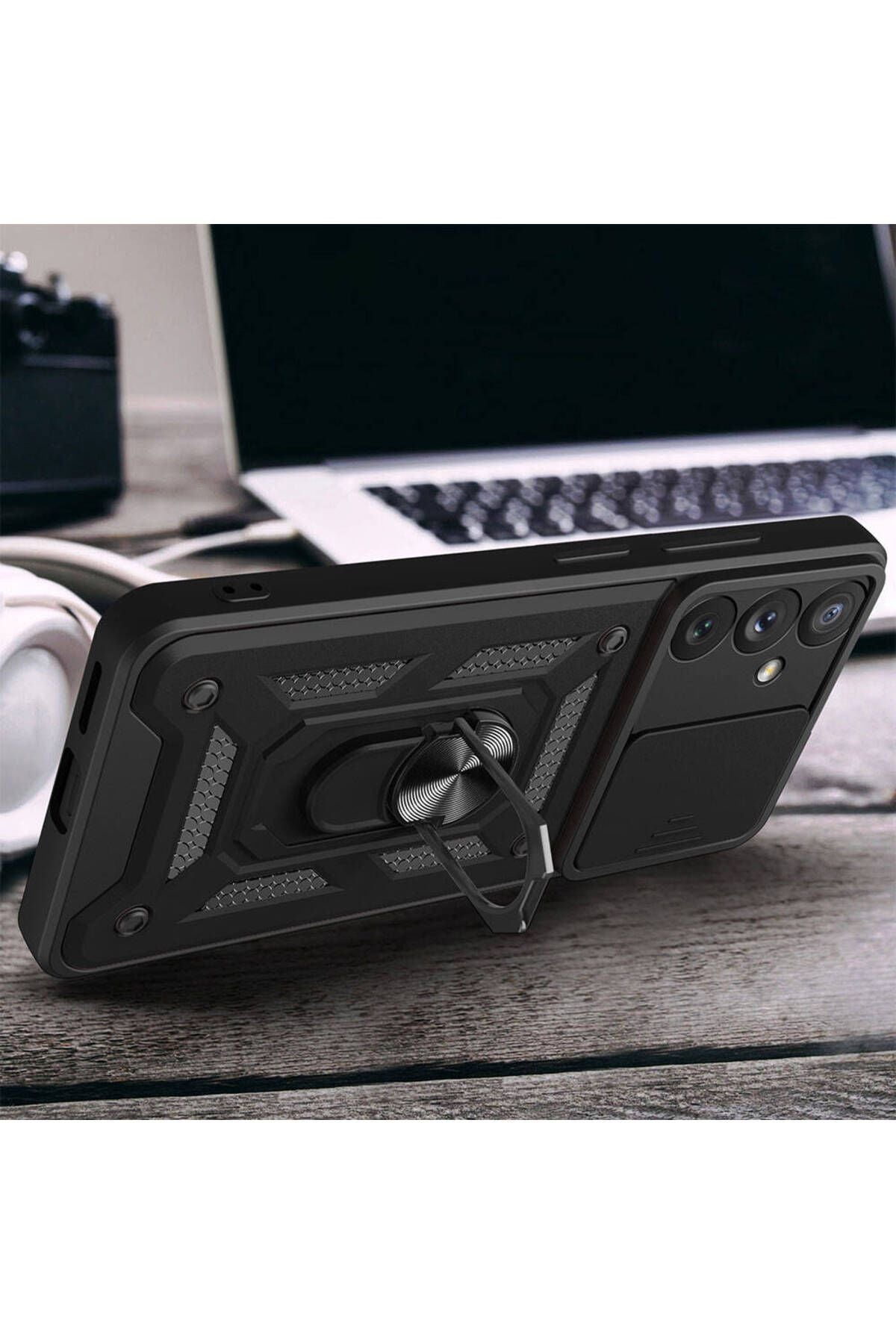 Galaxy A54 Kılıf Magnetik Standlı Kamera Korumalı Zore Sürgülü Vega Kapak - Siyah