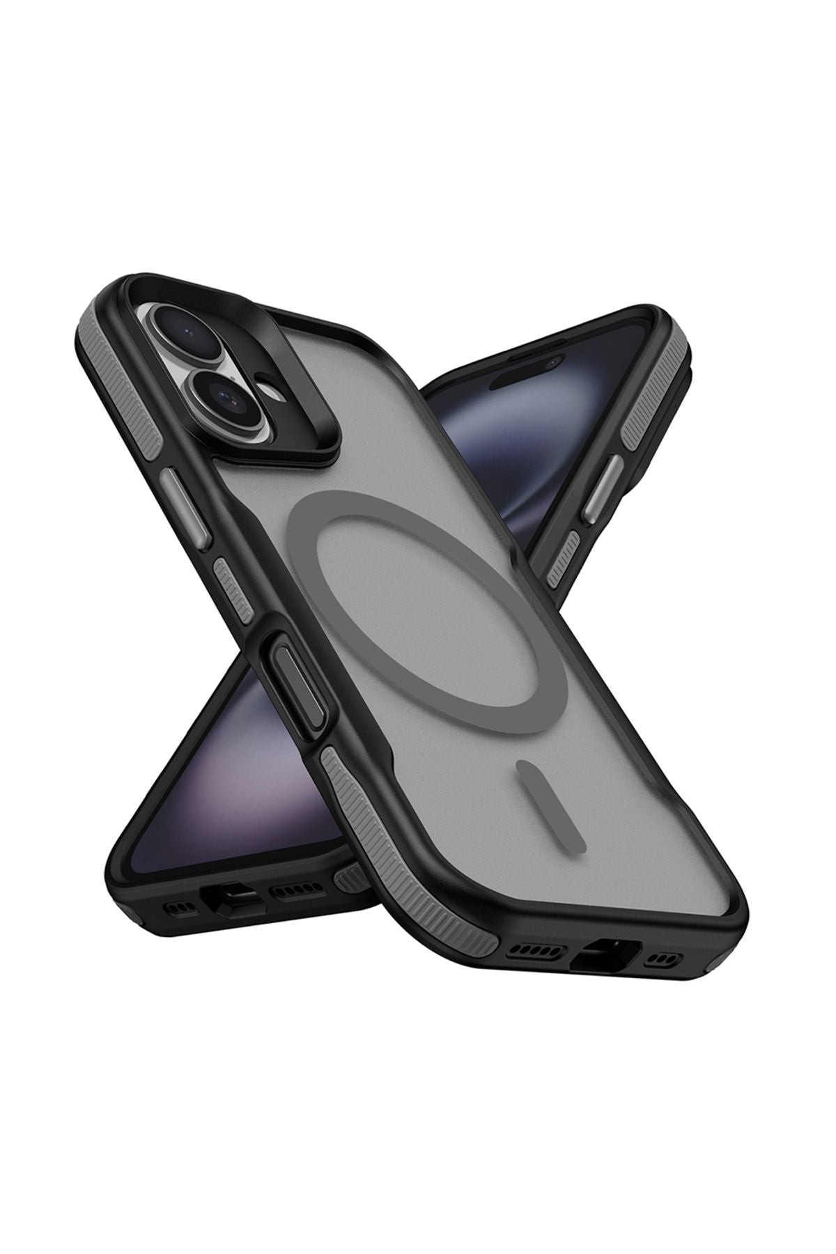 iPhone 16 Plus Uyumlu Magsafe Şarj Özellikli Renkli Kenar Airbag Şeritli Zore Lamer Kapak-Gri