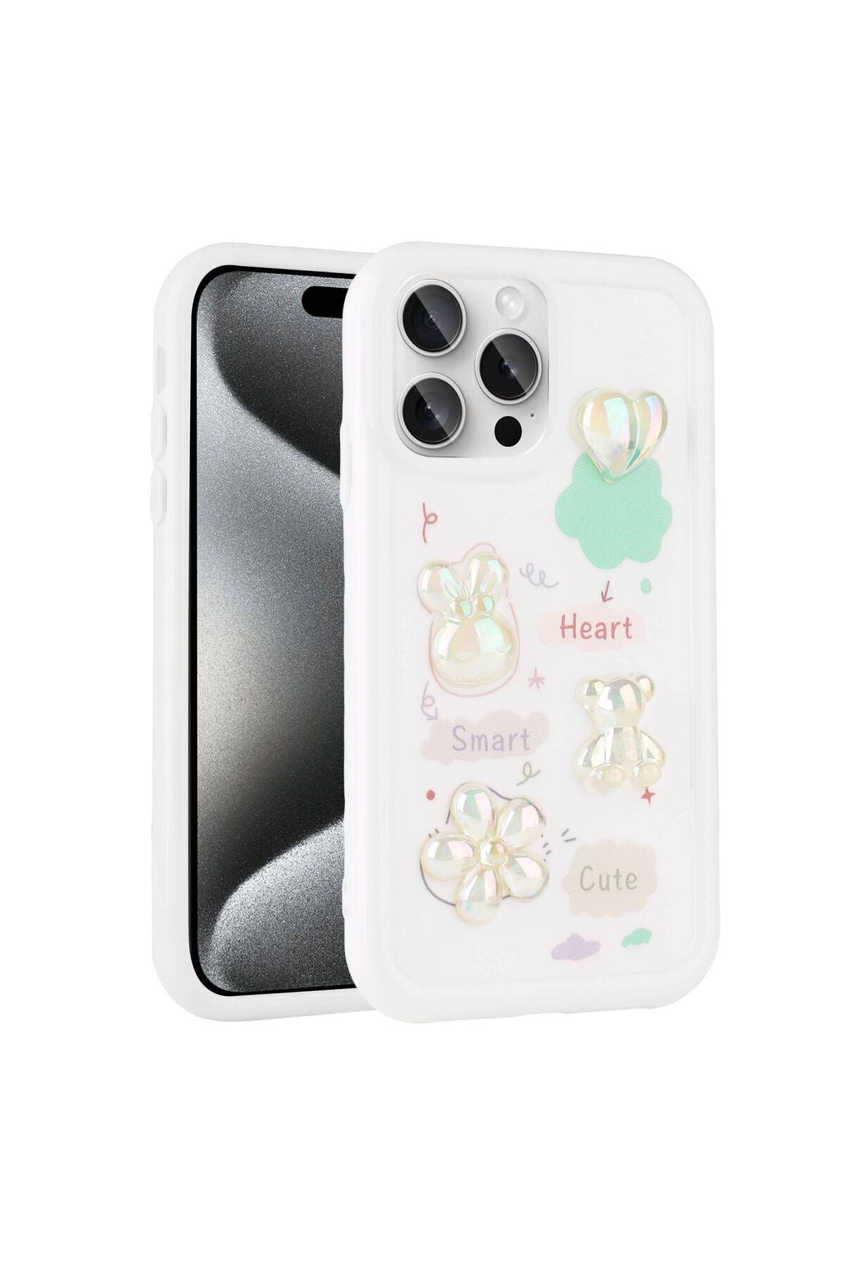 iPhone 15 Pro Max Uyumlu Kabartma Figürlü Parlak Zore Toys Silikon Kılıf-Beyaz