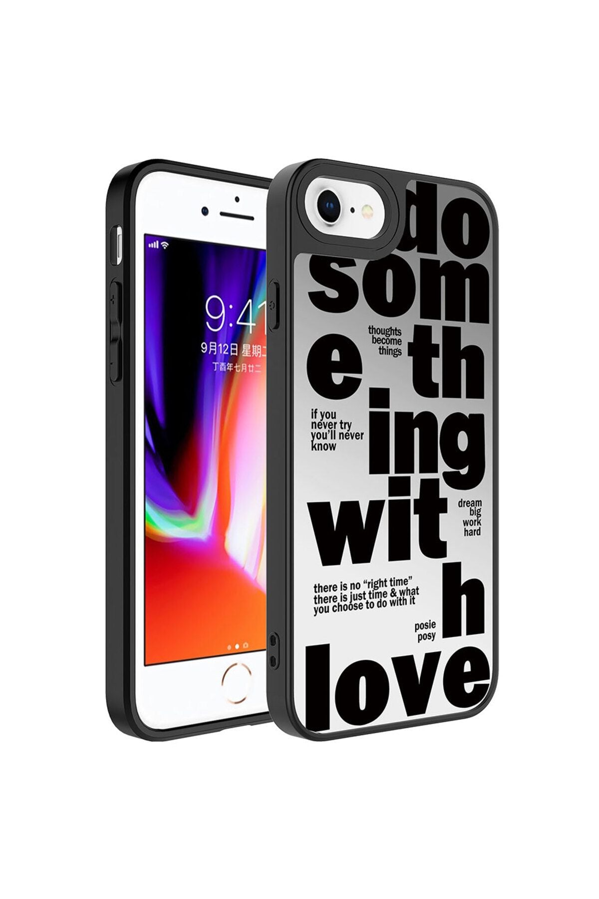 Uyumlu iPhone 8 Plus Kılıf Aynalı Love Desenli Kamera Korumalı Parlak Zore Mirror Kapak