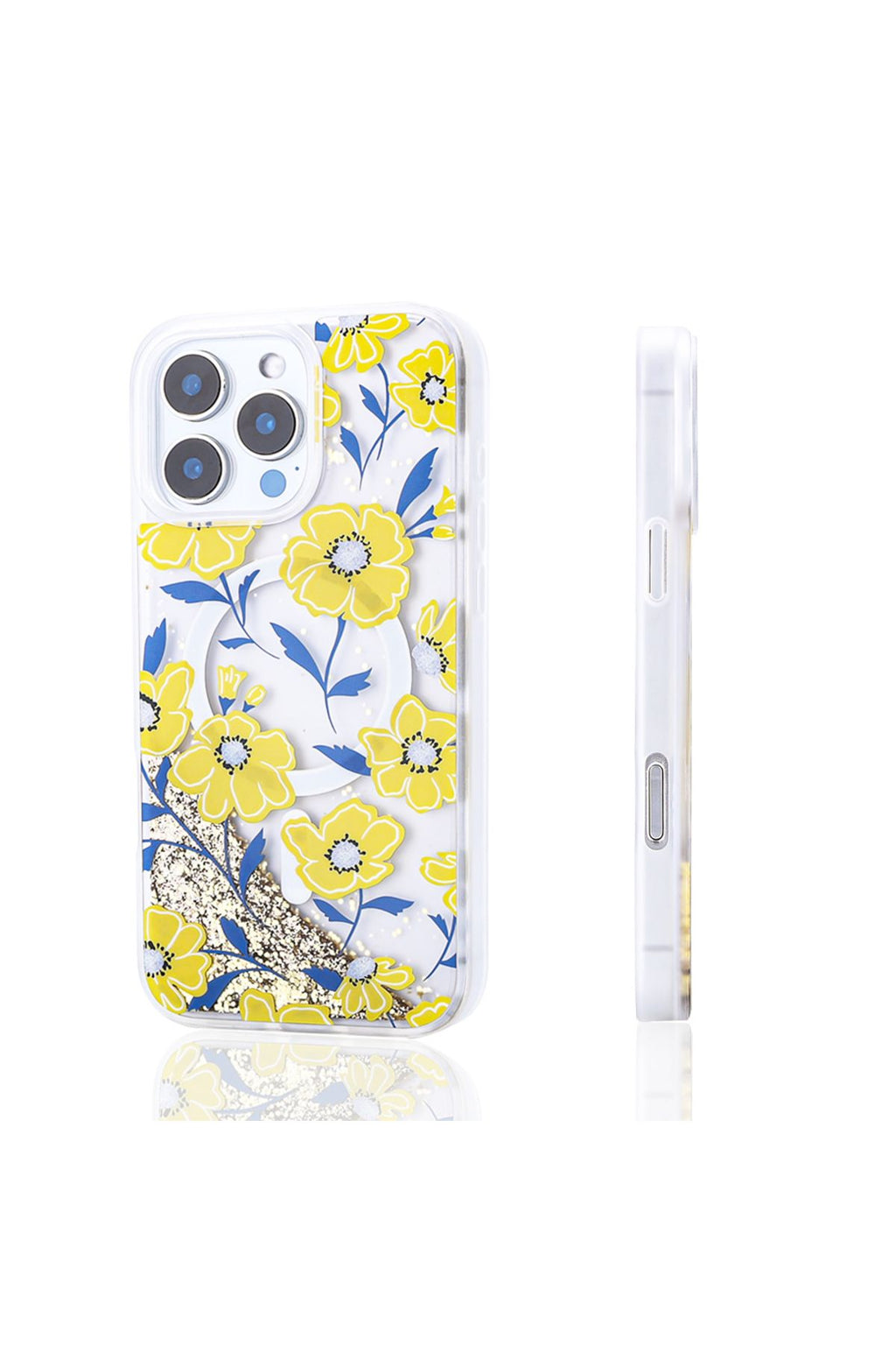 iPhone 16 Pro Max Kılıf Sıvılı Simli Baskılı Şeffaf Arka Yüzey Zore Mossa Silikon Kapak - Gold