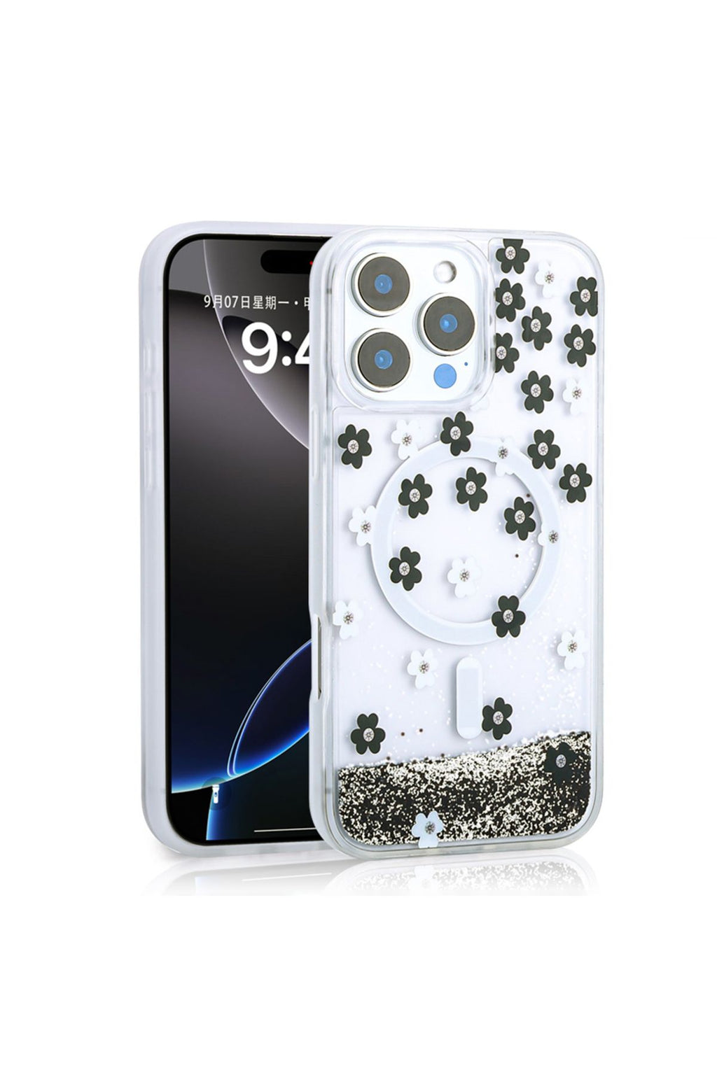 iPhone 16 Pro Kılıf Sıvılı Simli Baskılı Şeffaf Arka Yüzey Zore Mossa Silikon Kapak - Siyah