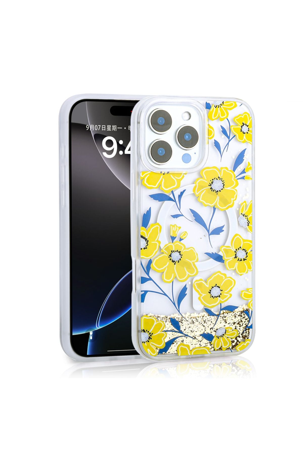 iPhone 16 Pro Max Kılıf Sıvılı Simli Baskılı Şeffaf Arka Yüzey Zore Mossa Silikon Kapak - Gold