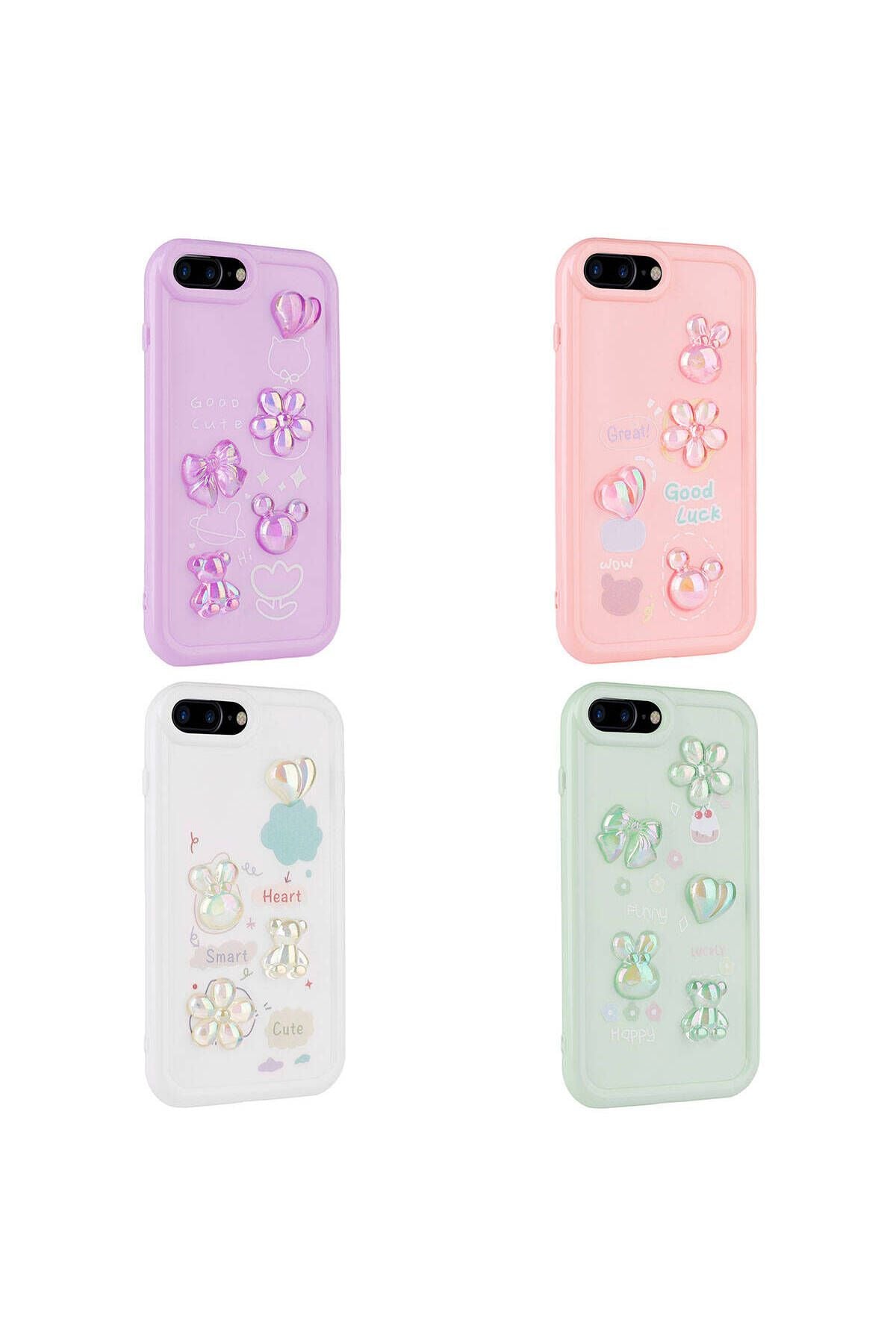 iPhone 8 Plus Kılıf Kabartma Figürlü Parlak AKAV Toys Silikon Kapak - Pembe