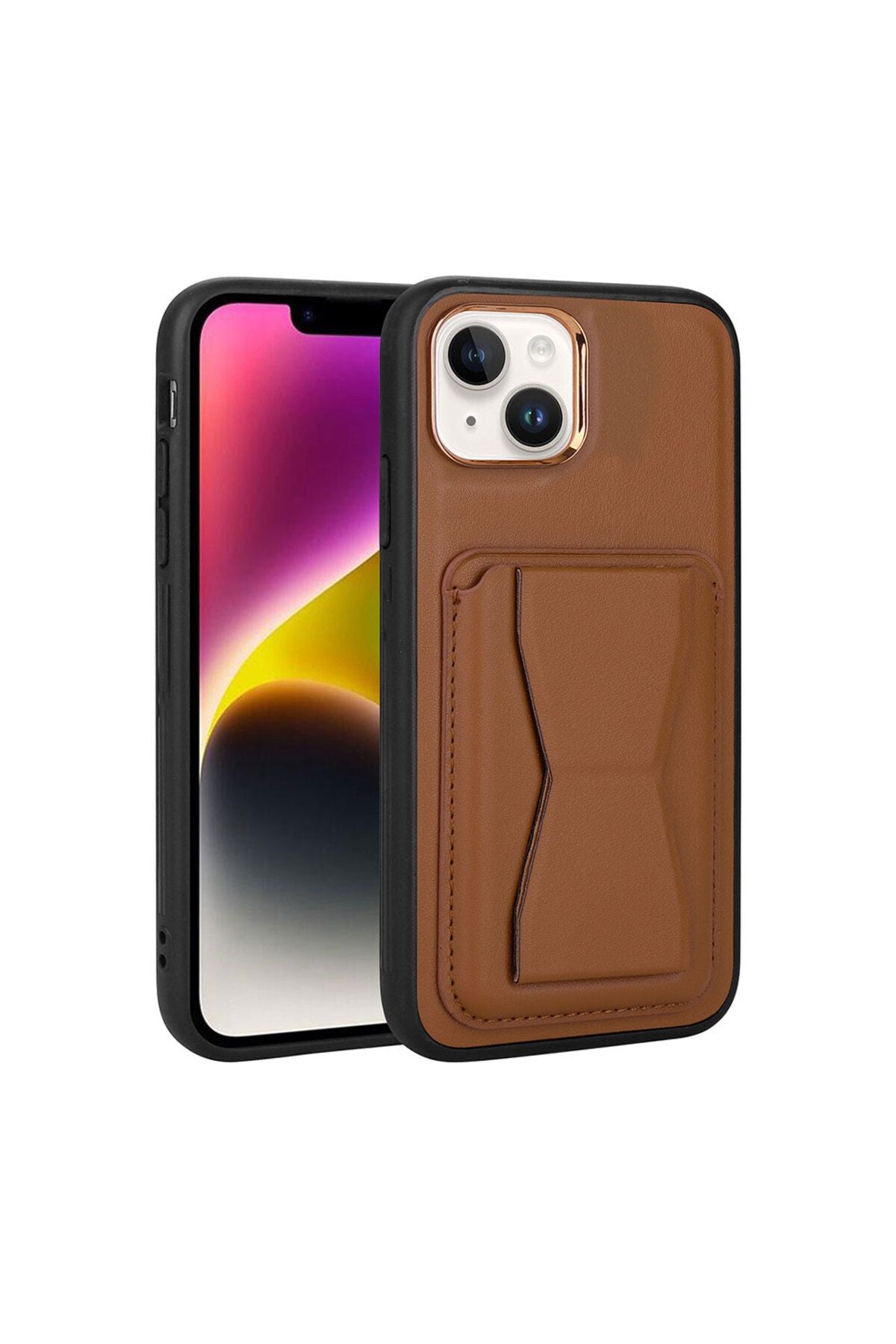 iPhone 14 Uyumlu Kartlıklı Standlı Pu Deri Zore Memo Kılıf-Kahverengi