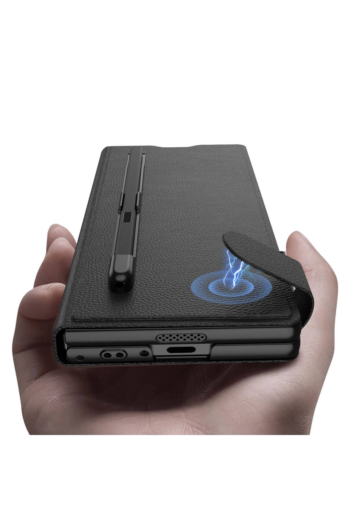 Galaxy Z Fold 6 Suni Deri Tasarımlı Kalem Bölmeli Zore Kıpta Kartlıklı Standlı Kapak-Siyah Litchi