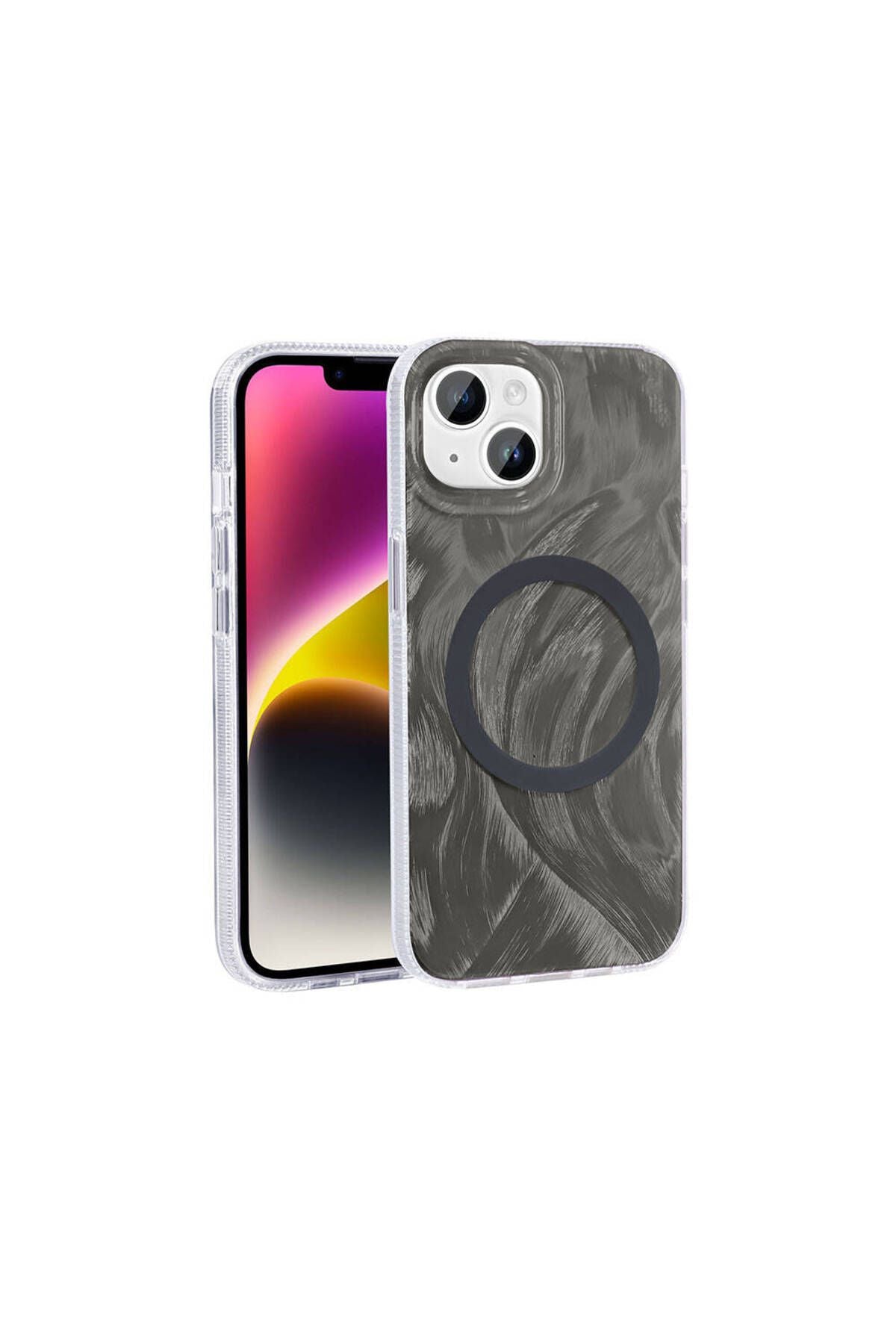 iPhone 15 Plus Kılıf Magsafe Şarj Özellikli Fırça Boya Desenli Zore Palet Kapak - Gri