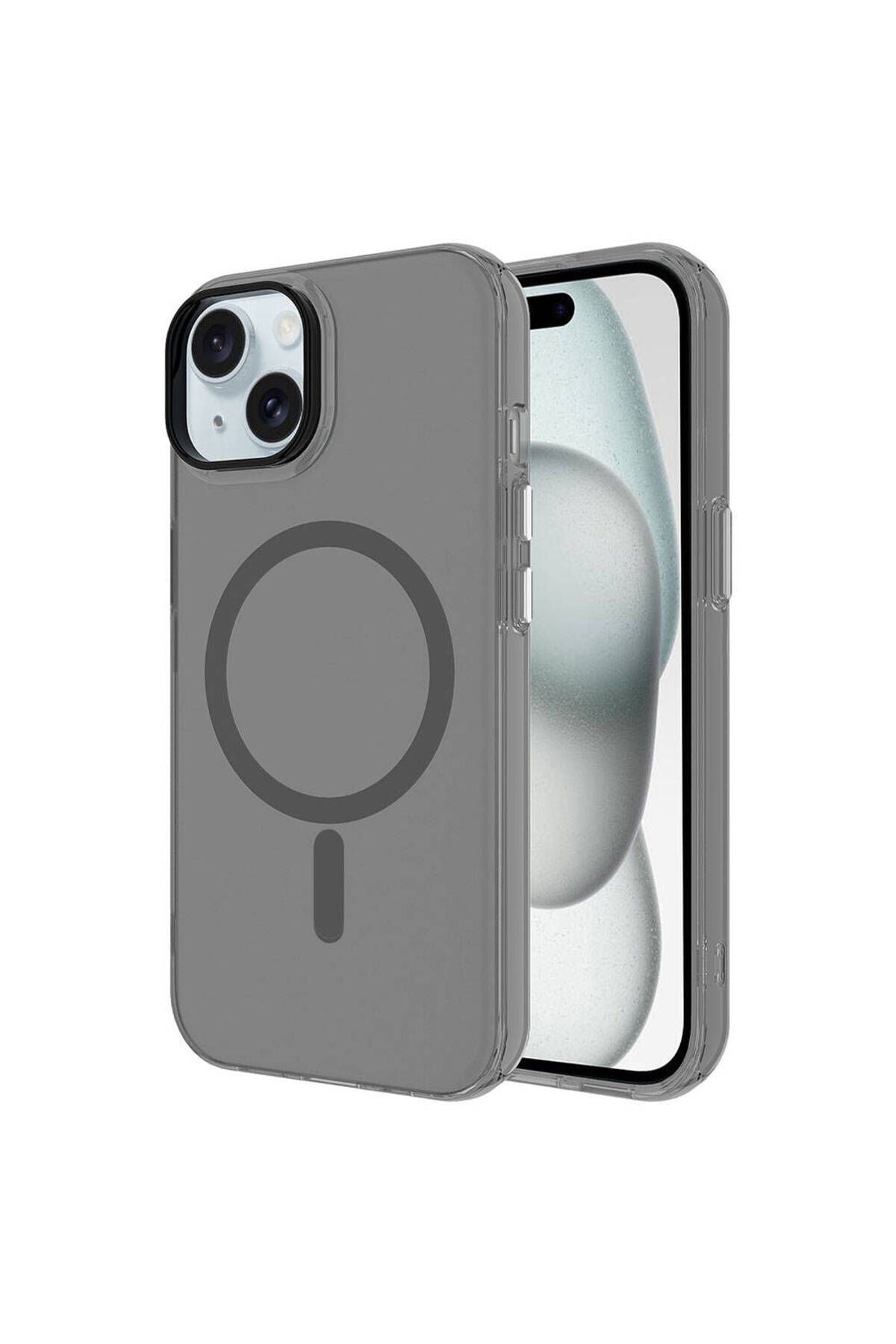 iPhone 15 Uyumlu CSK Zore Magsafe Şarj Özellikli Buzlu Transparan C-Pro Sert Kılıf-Koyu Gri