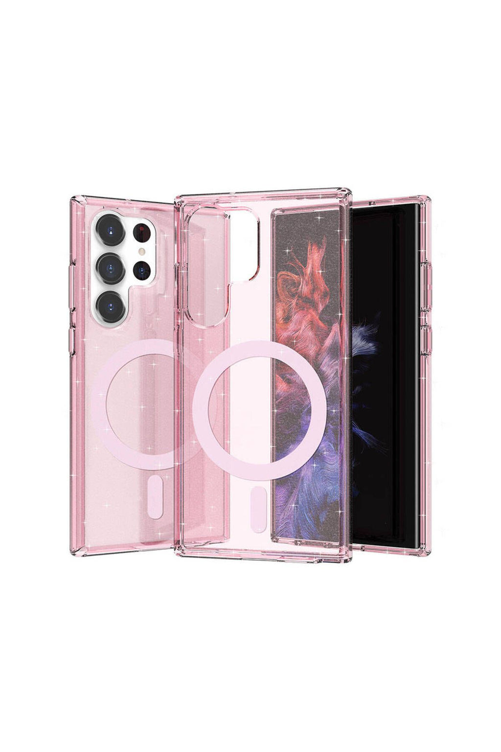 Galaxy S23 Ultra Kılıf Magsafe Şarj Özellikli Parlayan Simli Saydam Renkli Zore Allstar Kapak - Pemb