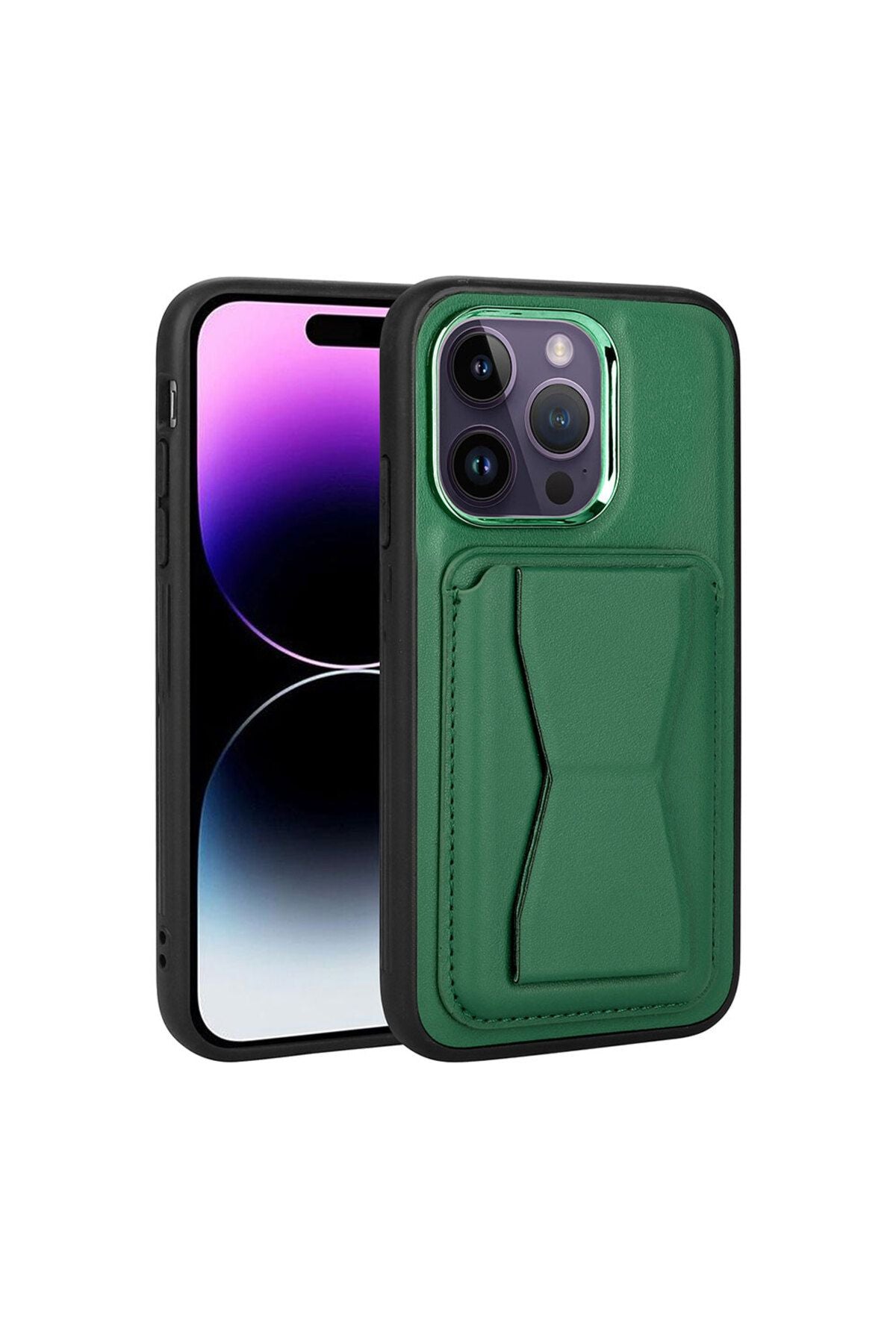 iPhone 14 Pro Uyumlu Kartlıklı Standlı Pu Deri Zore Memo Kılıf-Koyu Yeşil