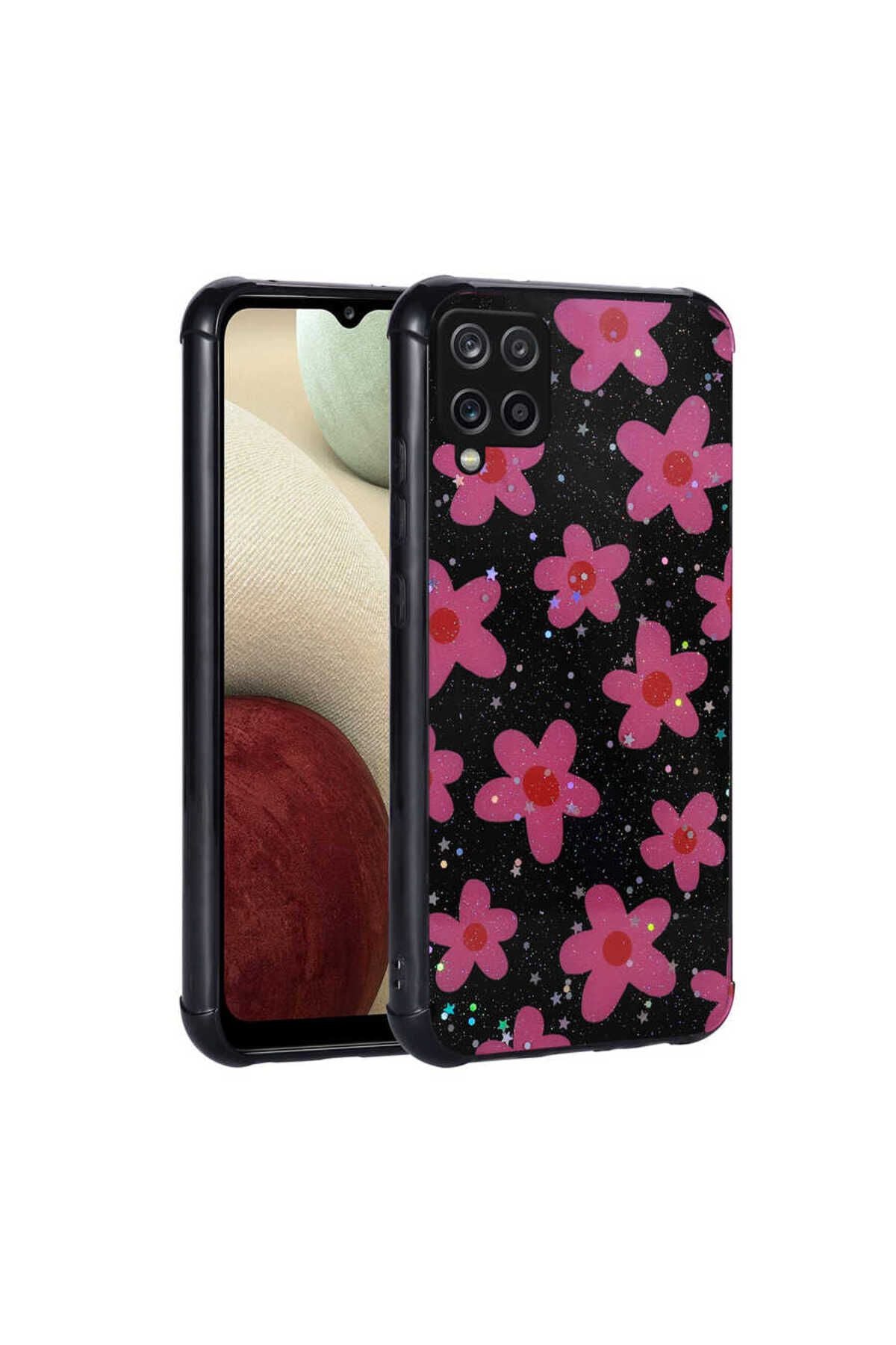 Galaxy A12 Kılıf Simli Desenli Kamera Korumalı Parlak Zore Popy Kapak - Kalp