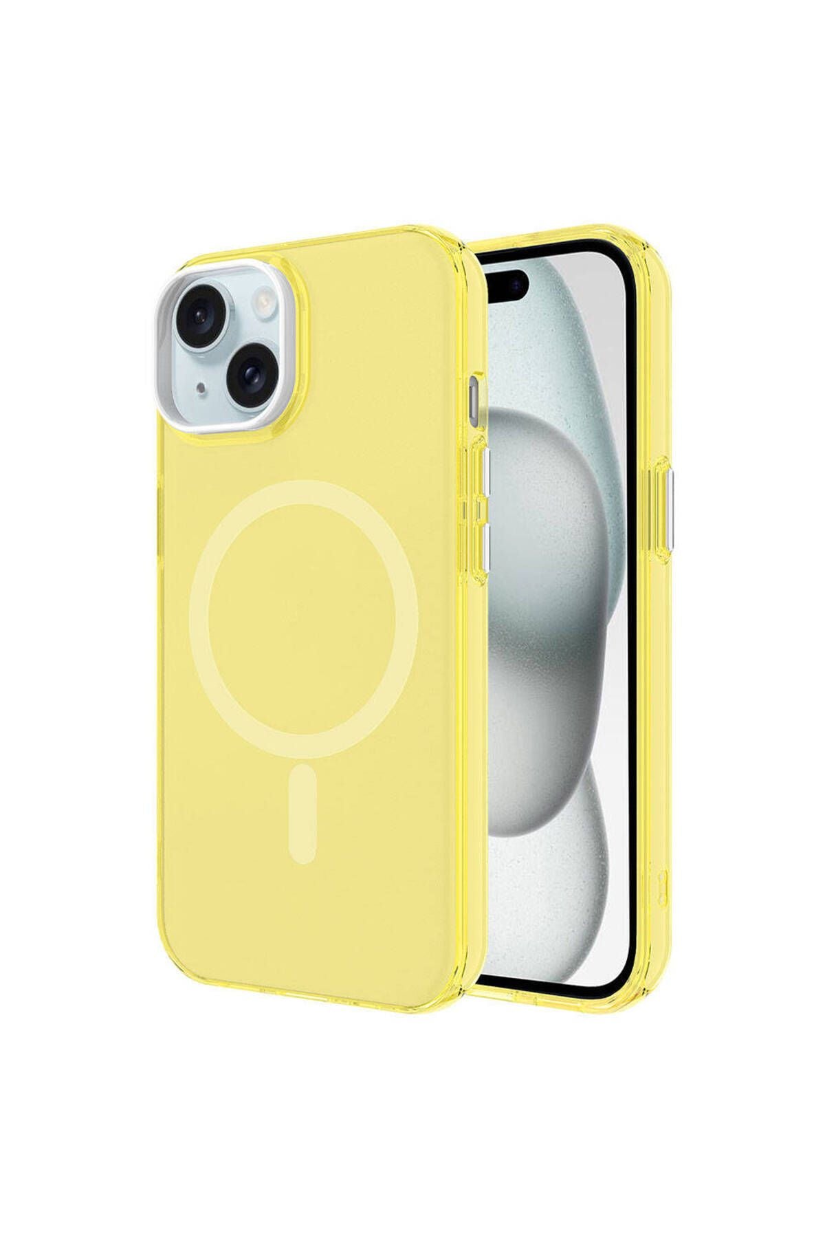 Apple iPhone 15 Kılıf Zore Magsafe Şarj Özellikli Buzlu Transparan C-Pro Sert Kapak-Sarı