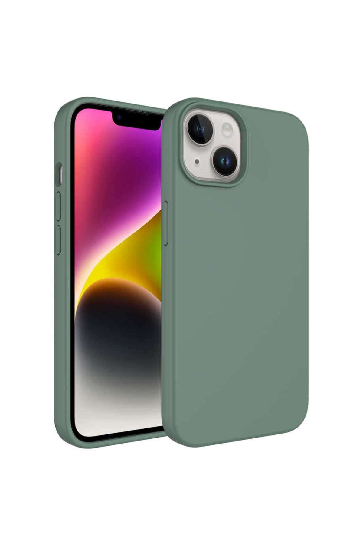iPhone 14 Uyumlu Sıvı Teknolojili Silinebilir Sert Zore Kivi Kılıf-Koyu Yeşil