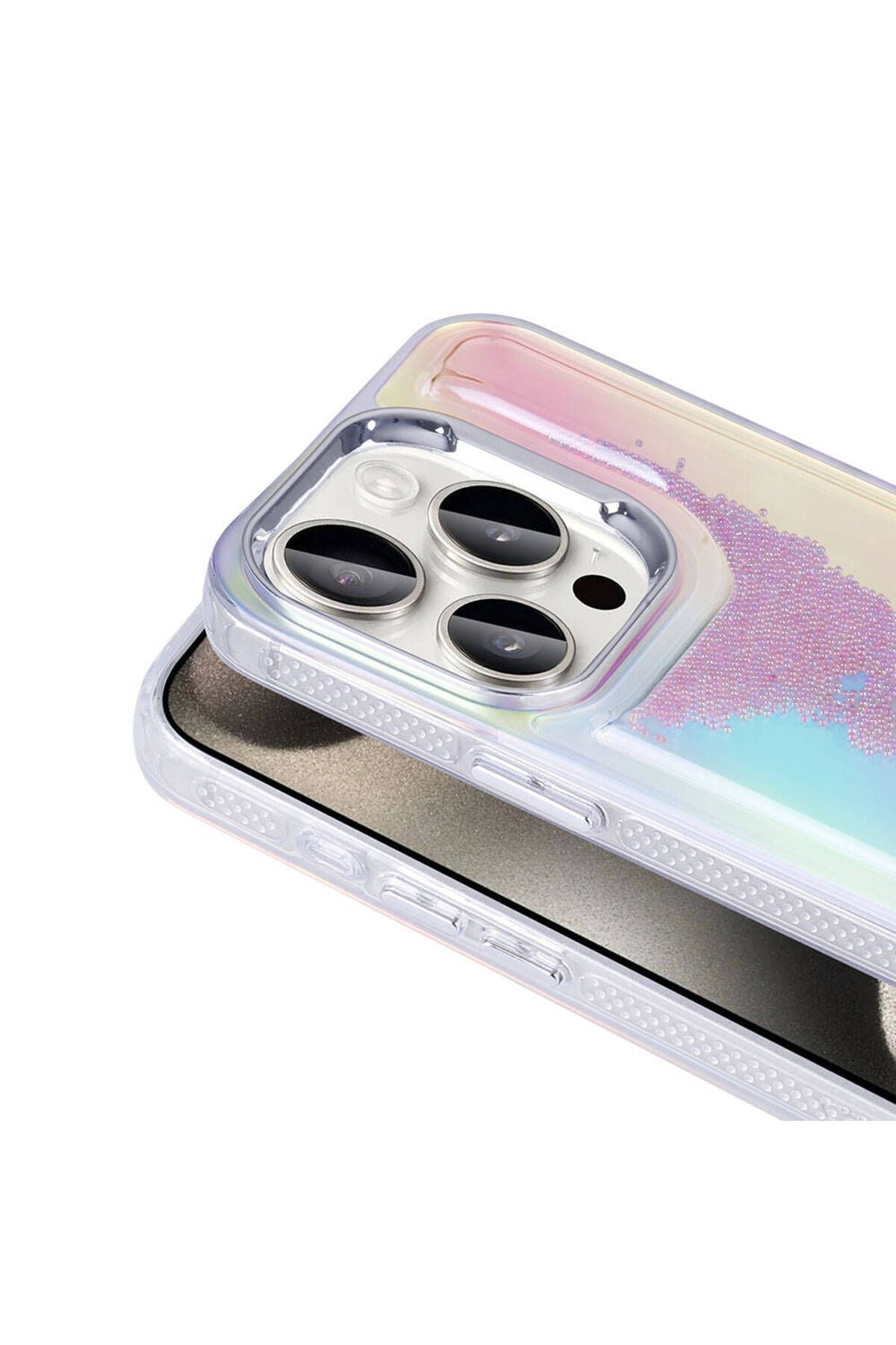 iPhone 15 Pro Kılıf Airbagli Renkli Arka Yüzey Boncuk Tasarımlı Zore Kumul Kapak - Şeffaf