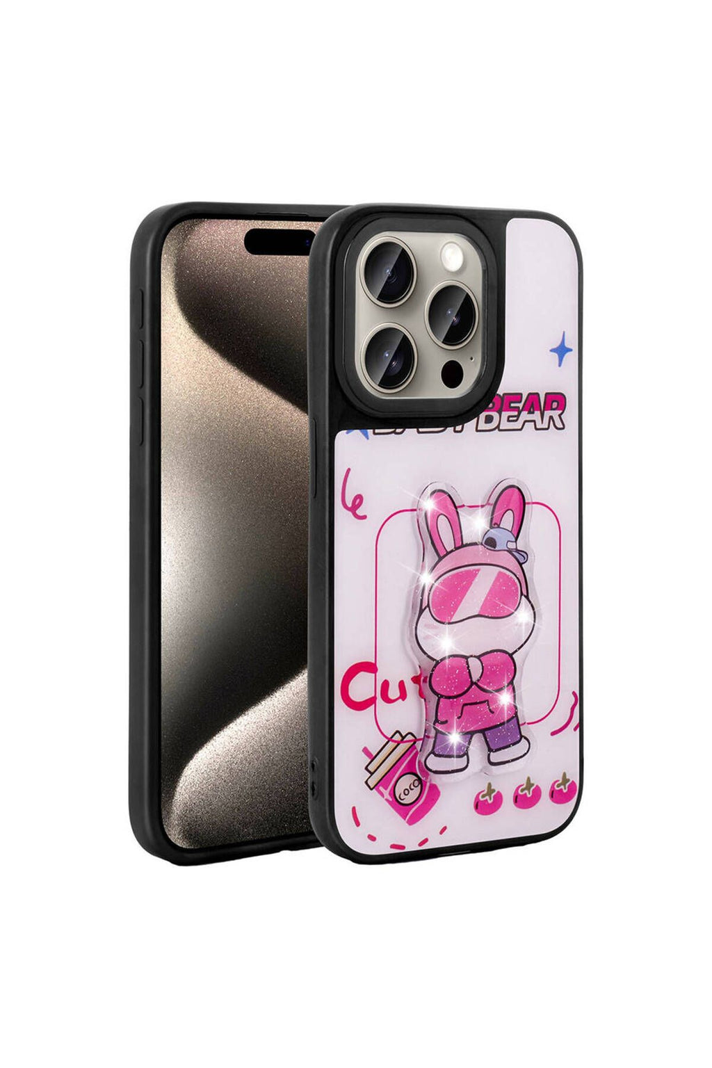 iPhone 15 Pro Max Kılıf Parlayan Kabartmalı İkonik Figürlü Zore Amas Silikon Kapak - Pembe