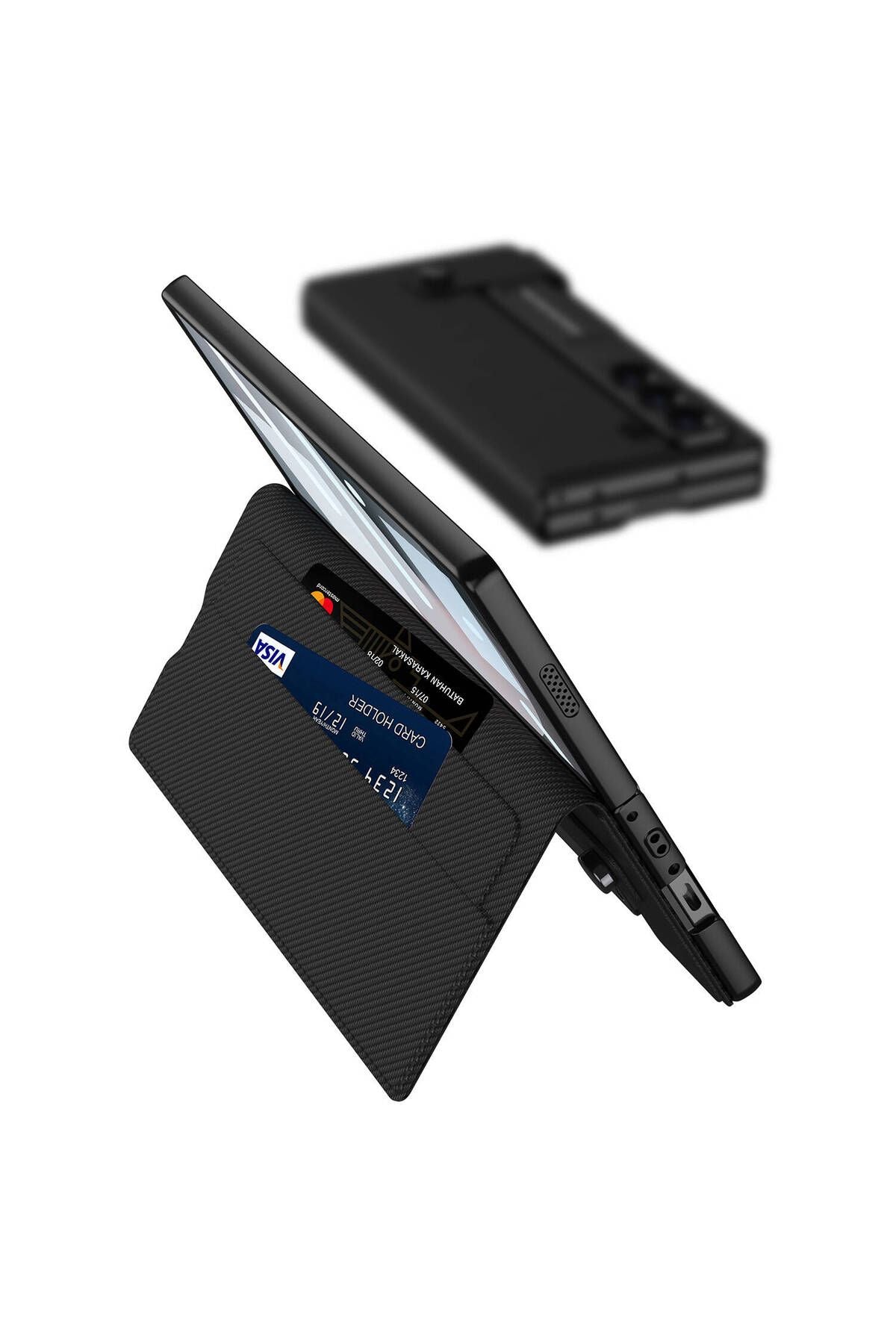 Galaxy Z Fold 6 Suni Deri Tasarımlı Kalem Bölmeli Zore Kıpta Kartlıklı Standlı Kapak-Siyah Litchi