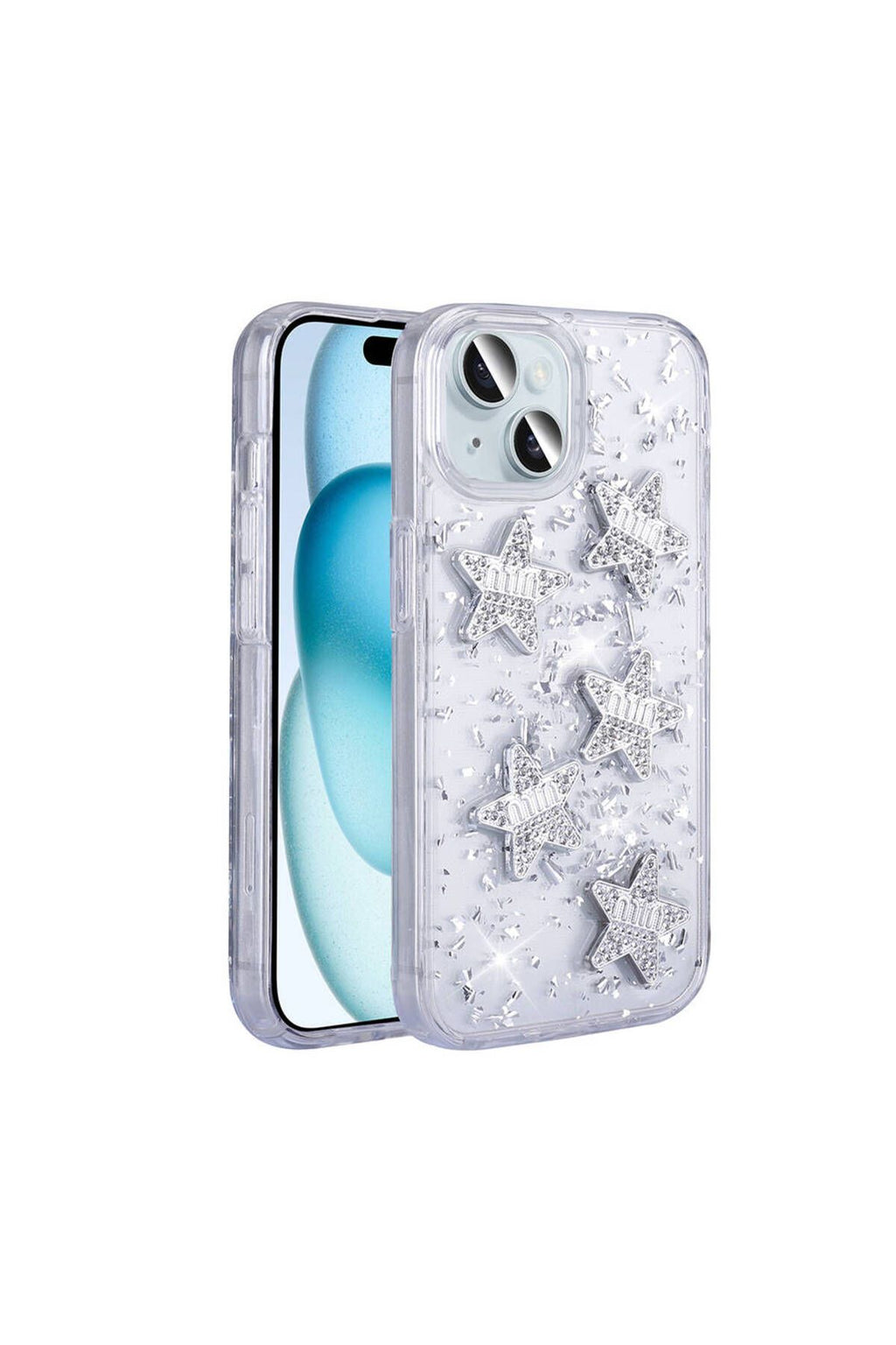 iPhone 14 Uyumlu FRM Kılıf Airbagli Simli Arka Yüzey Zore Işıltı Silikon Kapak-Beyaz-Yıldız