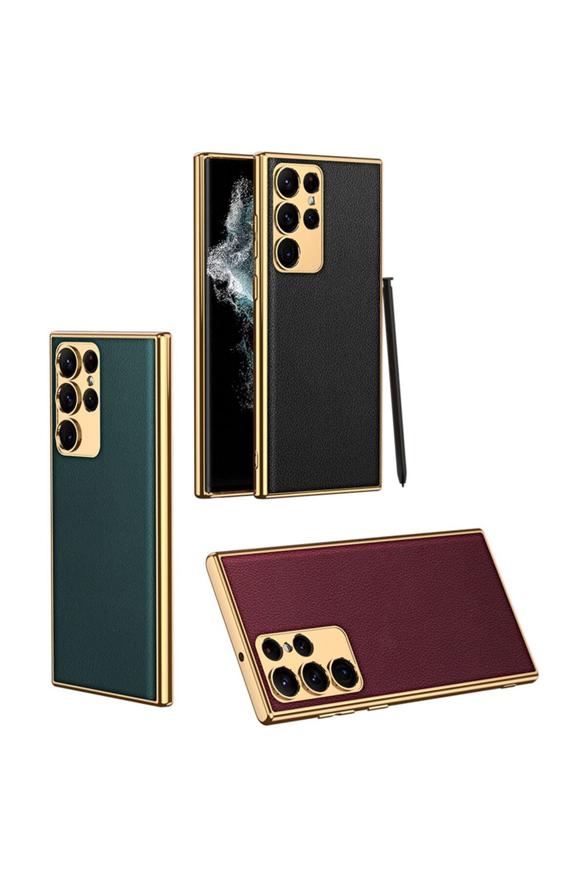 Galaxy S23 Ultra Uyumlu Deri Görünümlü Kenarları Elektroplating Kaplama Zore Fizyon Kılıf-Ko