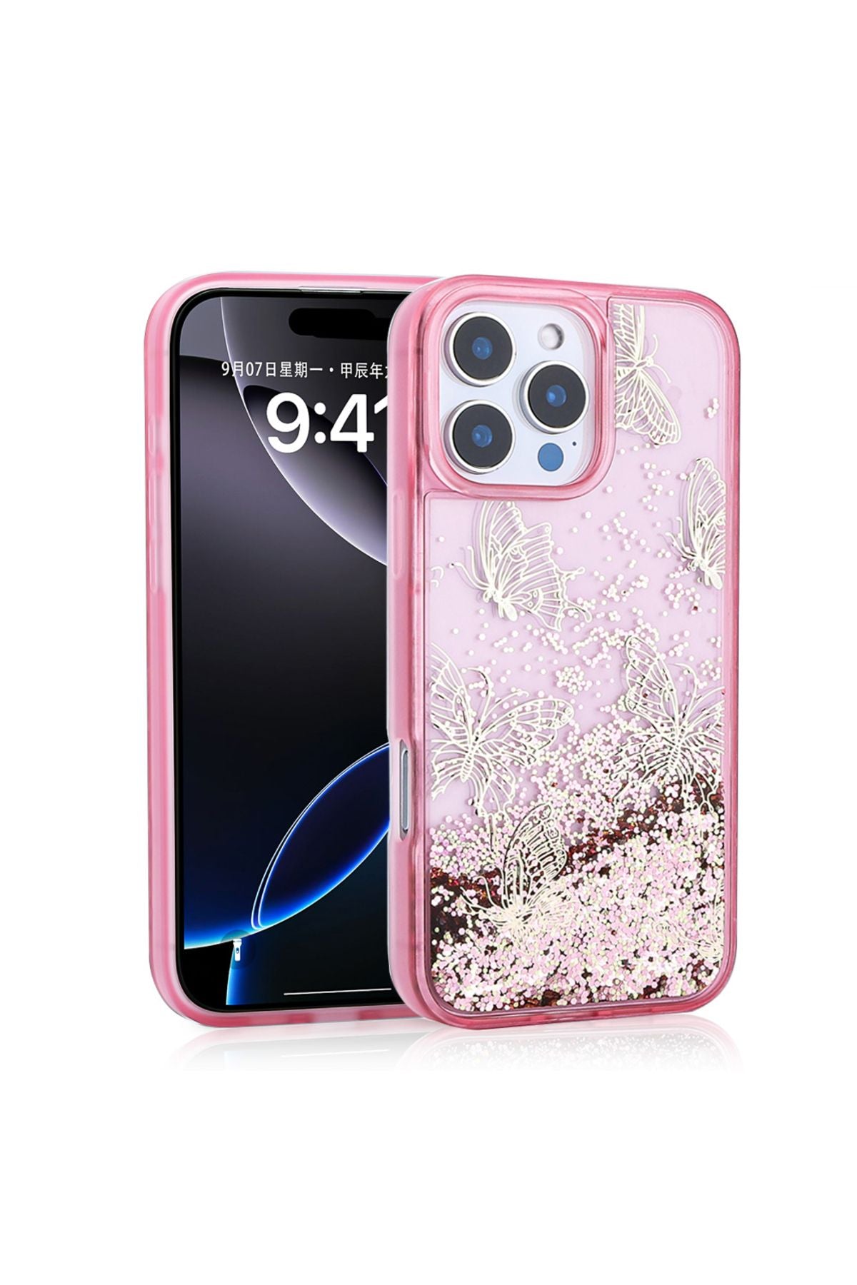 iPhone 16 Pro Kılıf Sıvılı Simli Kelebek Baskılı Şeffaf Arka Yüzey Zore Glis Silikon Kapak - Pembe