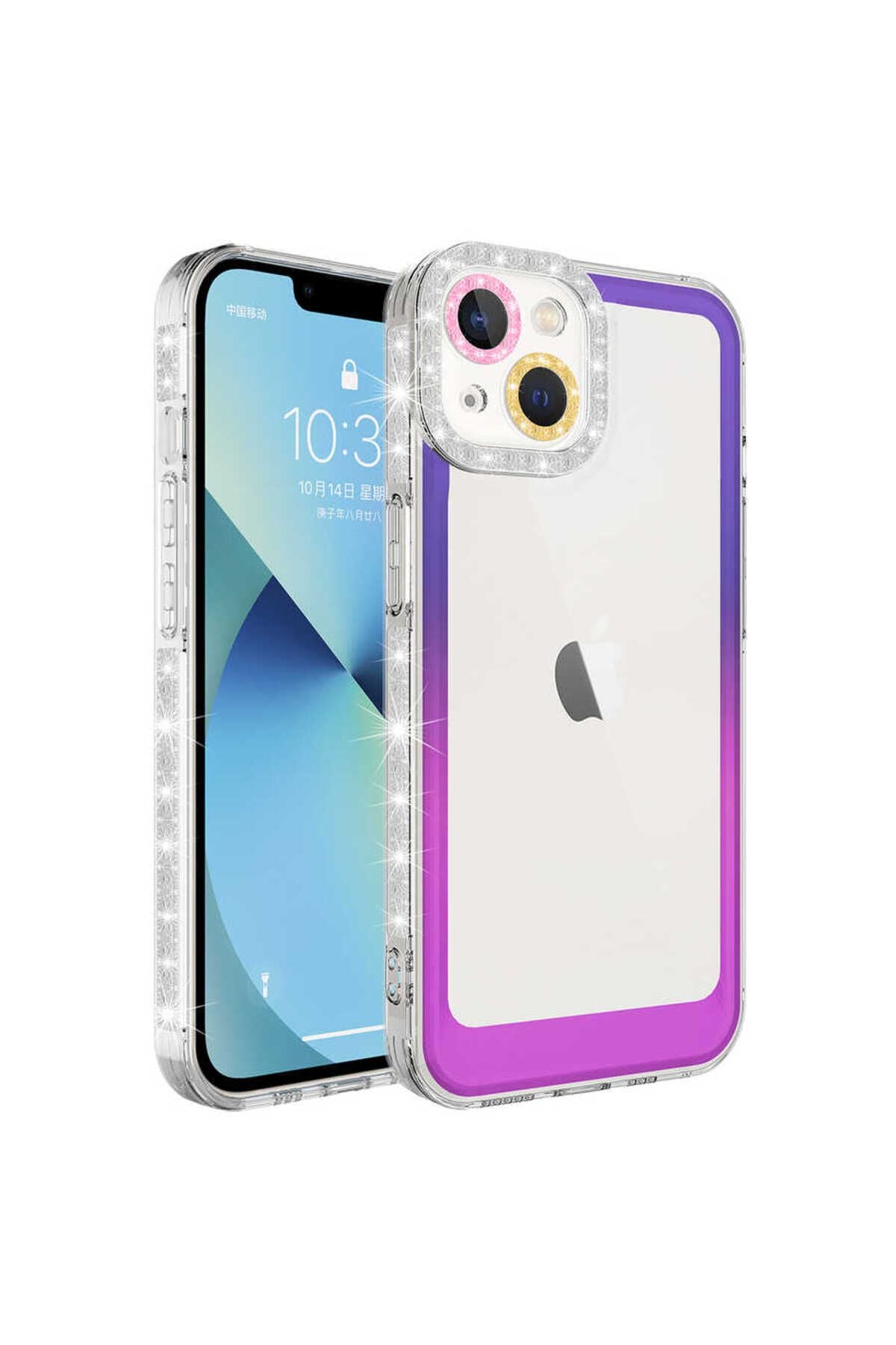 iPhone 14 Uyumlu Simli ve Renk Geçiş Tasarımlı LZore Korumalı Zore Park Kılıf-Mor-Pembe