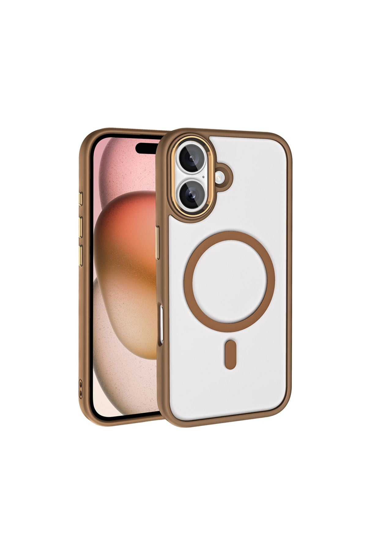 iPhone 16 Kılıf Wireless Şarj Özellikli Zore Krom Magsafe Silikon Kapak - Rose Brown