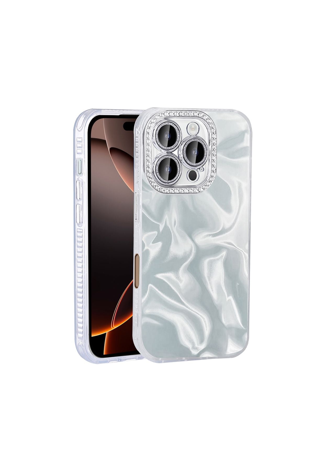 iPhone 16 Pro Max Kılıf Airbagli Parlak Taş Detay Tasarımlı Uyumlu Zore Esila Kapak-Beyaz