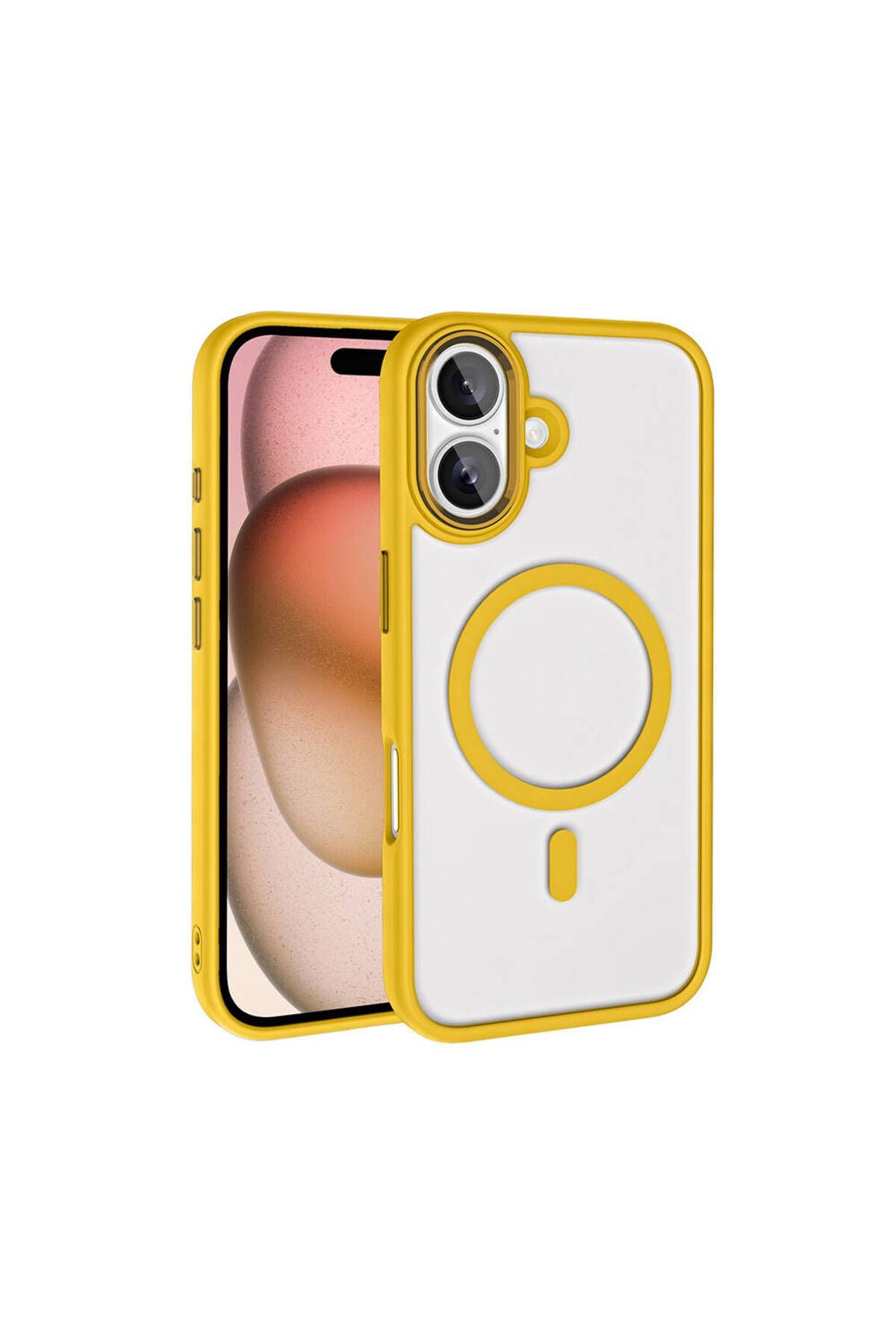 Apple iPhone 16 Kılıf Wireless Şarj Özellikli Zore Krom Magsafe Silikon Kapak-Sarı