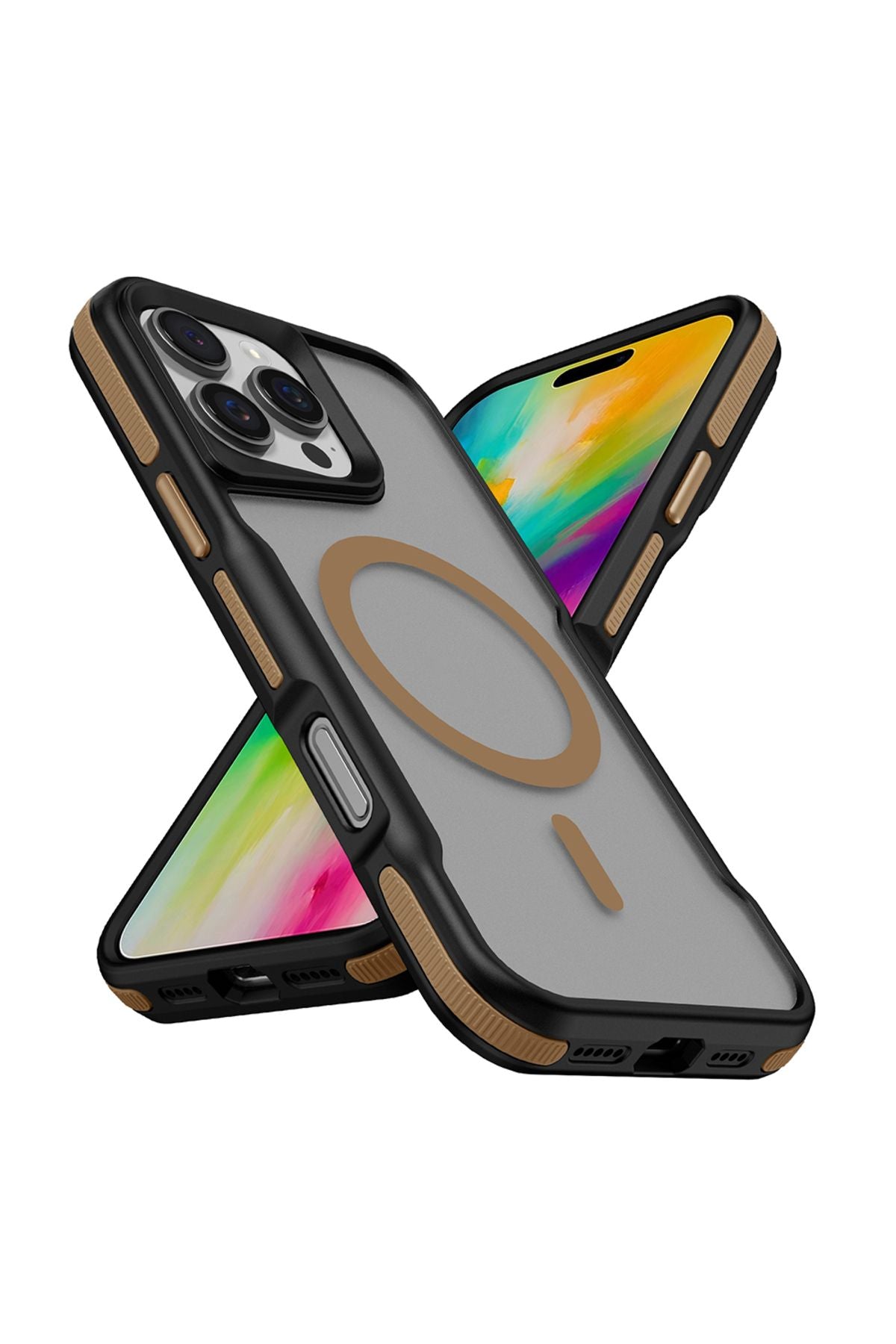 iPhone 16 Pro Uyumlu Magsafe Şarj Özellikli Renkli Kenar Airbag Şeritli Zore Lamer Kapak-Titanyum-Go