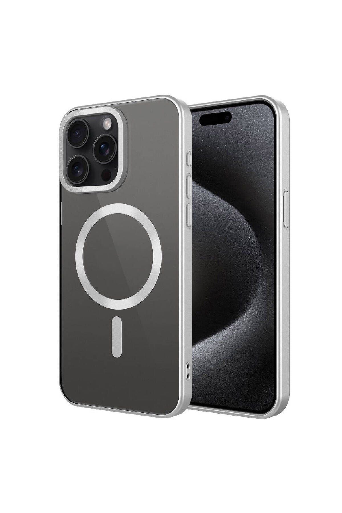 iPhone 15 Pro Uyumlu Mat Tasarımlı Magsafe Wireless Şarj Özellikli Zore Mat Setro Kılıf-Gümüş