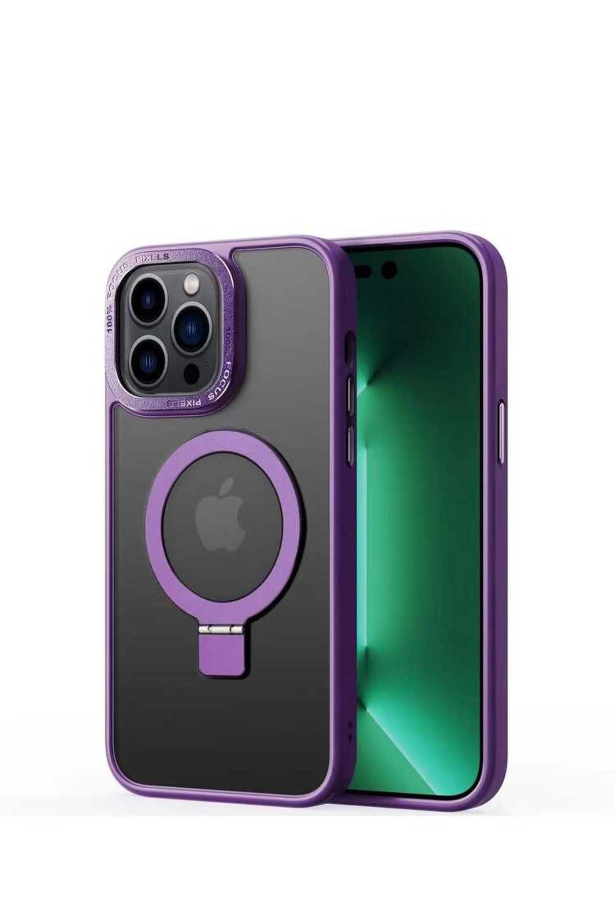 iPhone 14 Pro Uyumlu Magsafe Wireless Şarj Özellikli Standlı Zore Ting Kılıf-Derin Mor