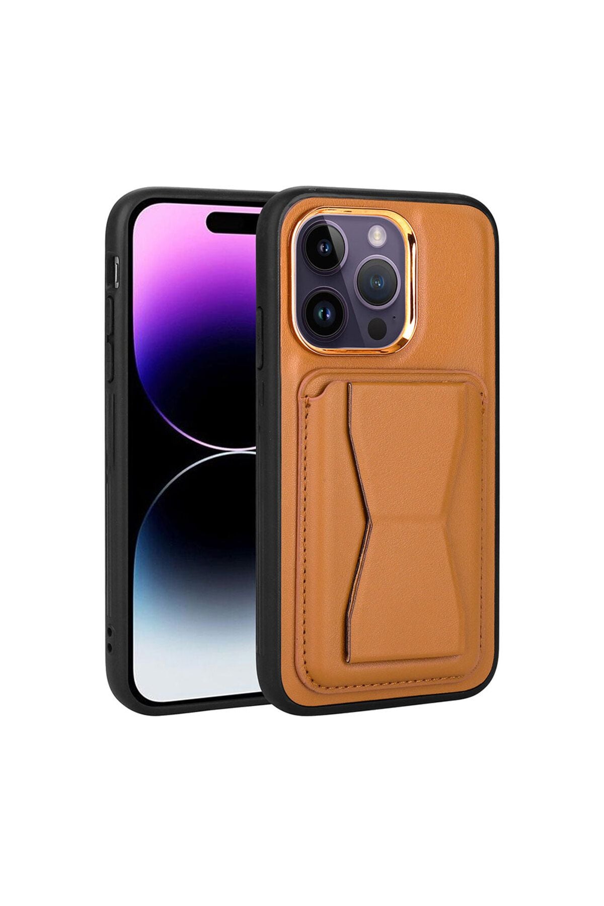 iPhone 14 Pro Uyumlu Kartlıklı Standlı Pu Deri Zore Memo Kılıf-Kahve Açık