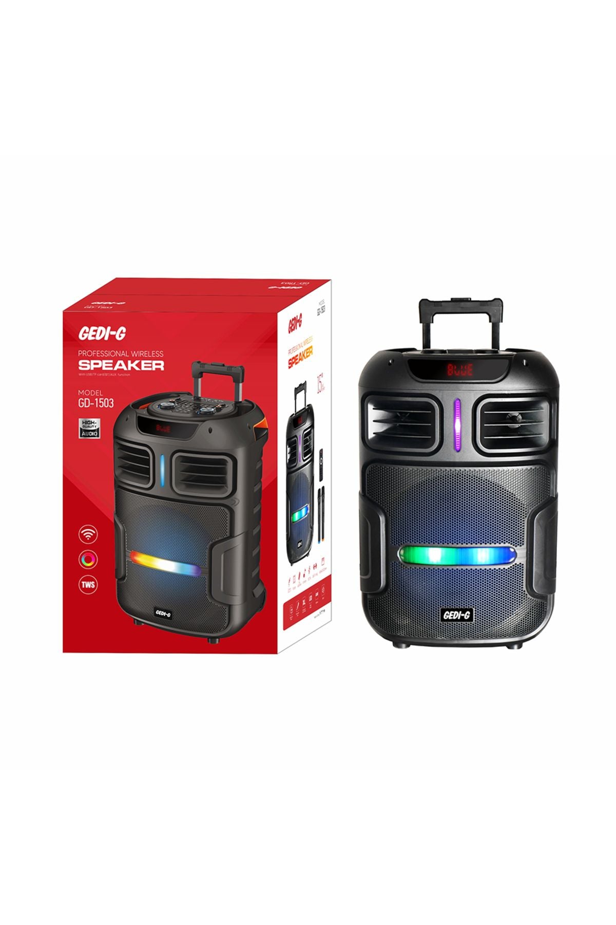 Dijital LED Göstergeli FM Radyolu Mikrofonlu RGB TWS 15 inç Stereo Bass Kablosuz Karaok